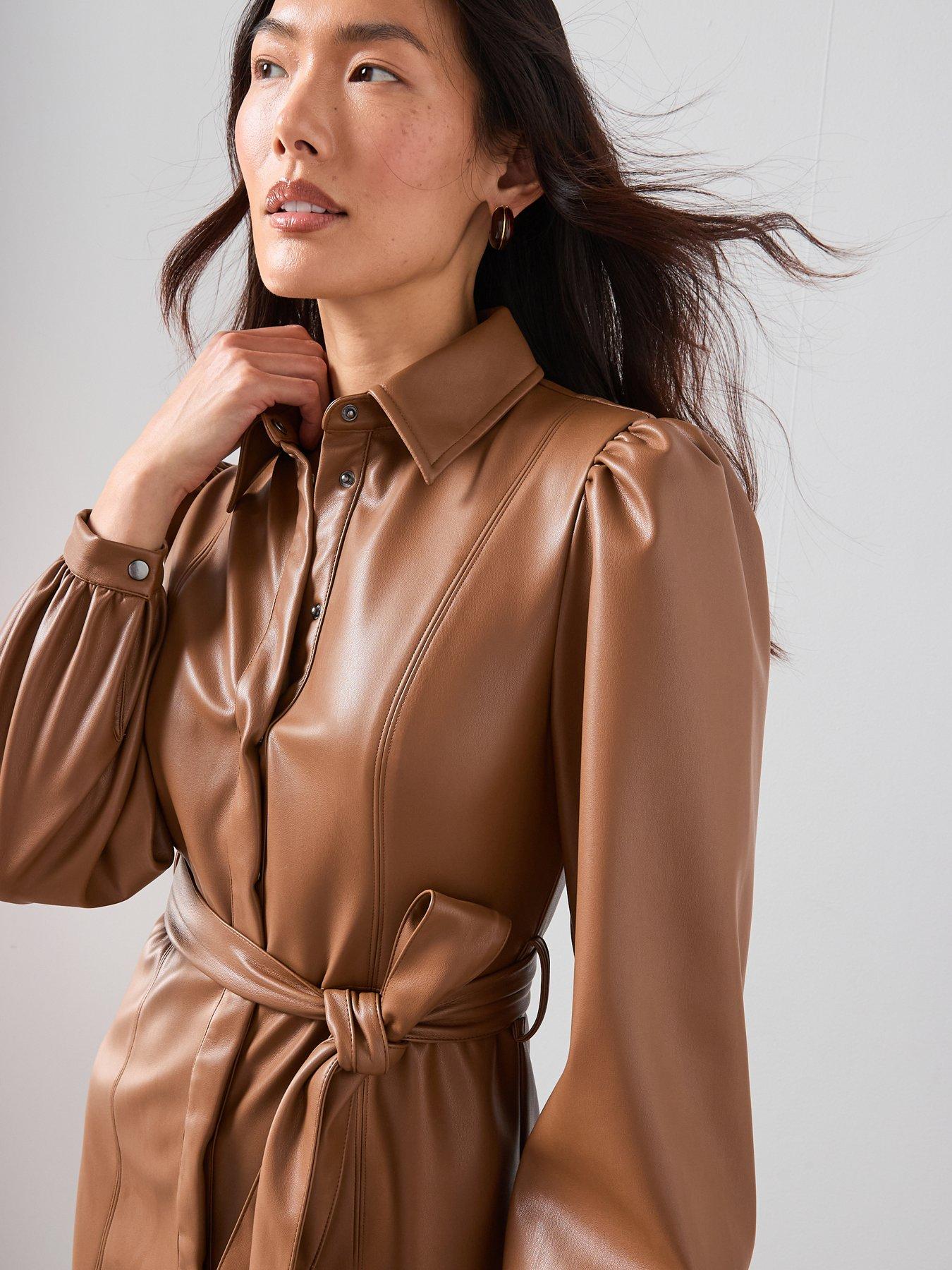  image of the-very-collection-pu-belted-mini-shirt-dress-toffee