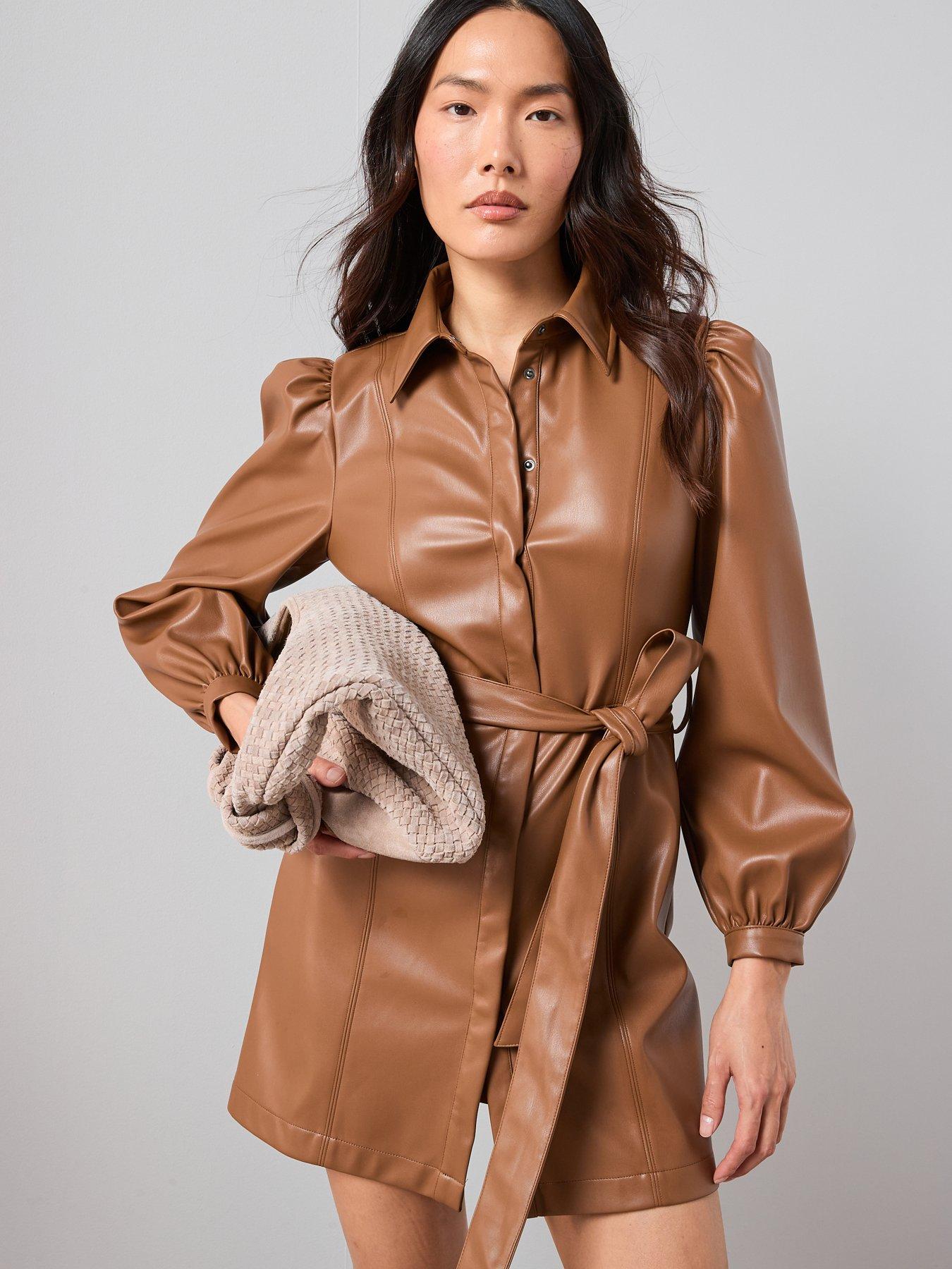  image of the-very-collection-pu-belted-mini-shirt-dress-toffee