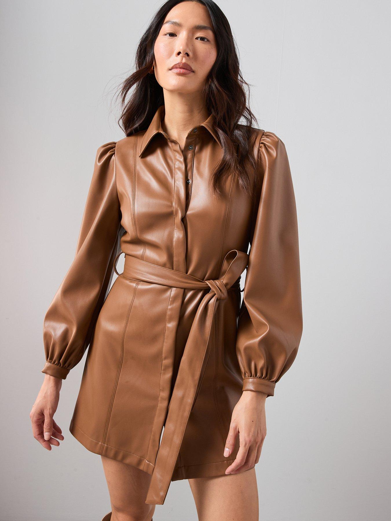  image of the-very-collection-pu-belted-mini-shirt-dress-toffee