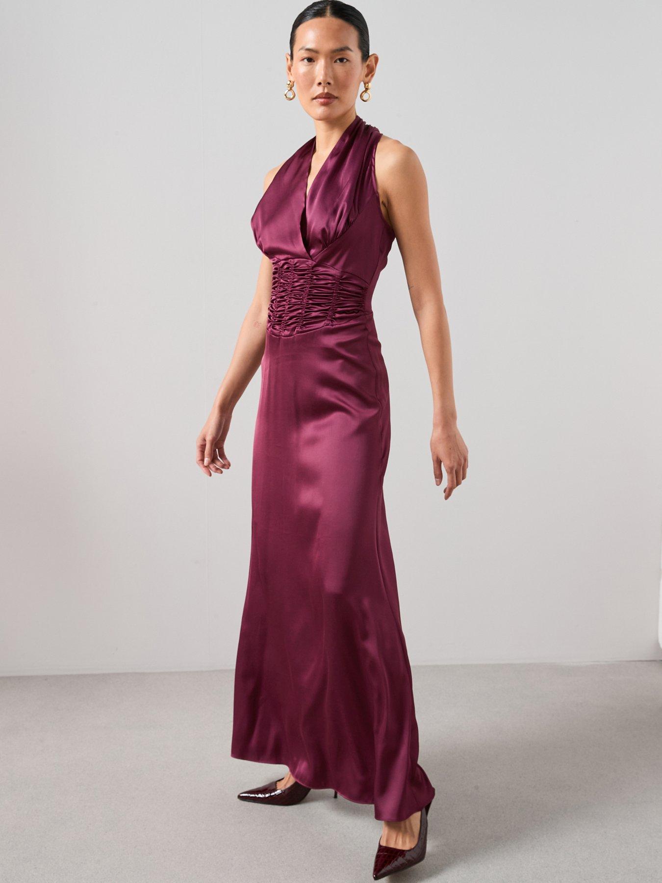 image of the-very-collection-ruched-waist-satin-maxi-dress-burgundy-red