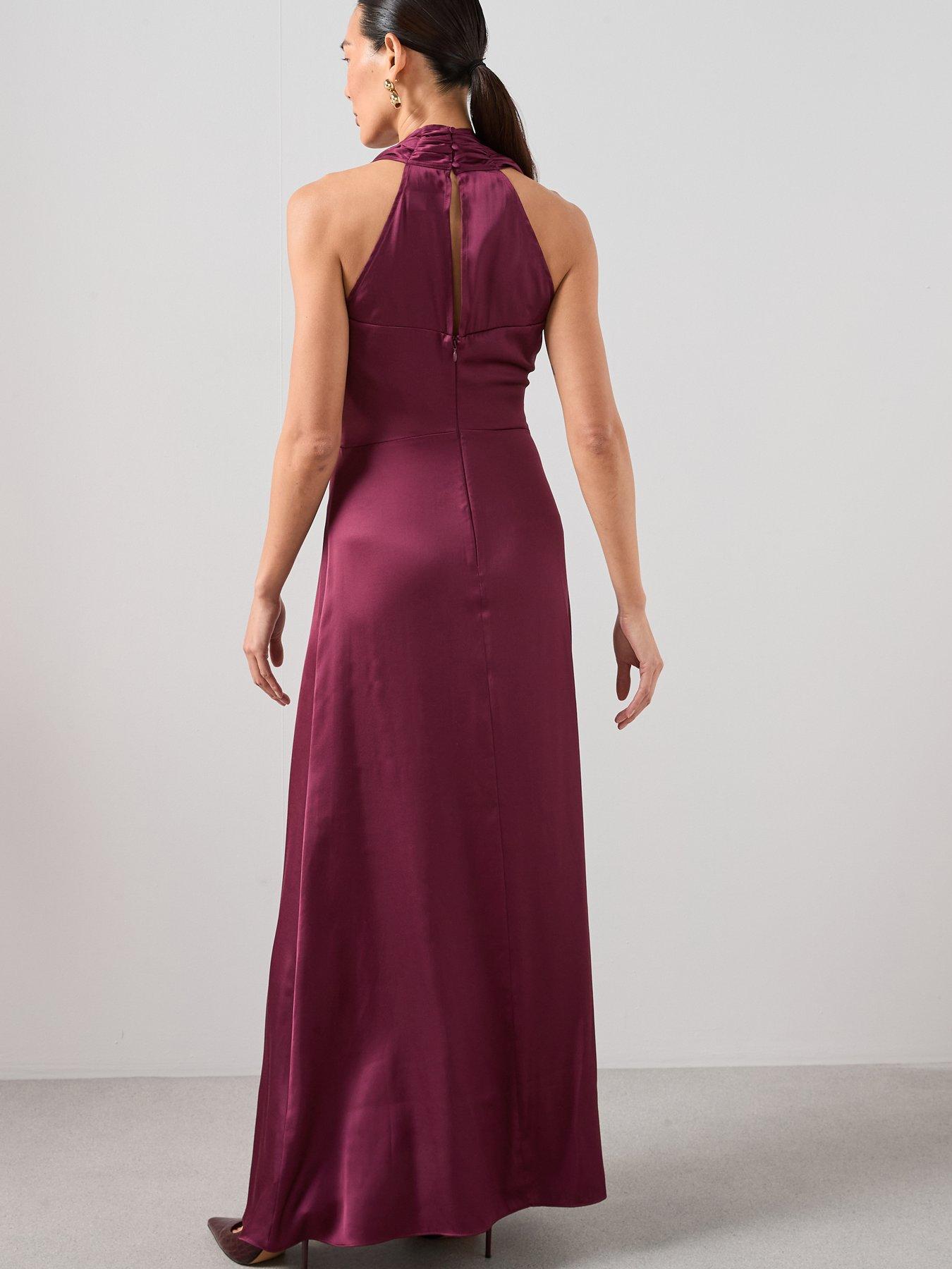  image of the-very-collection-ruched-waist-satin-maxi-dress-burgundy-red