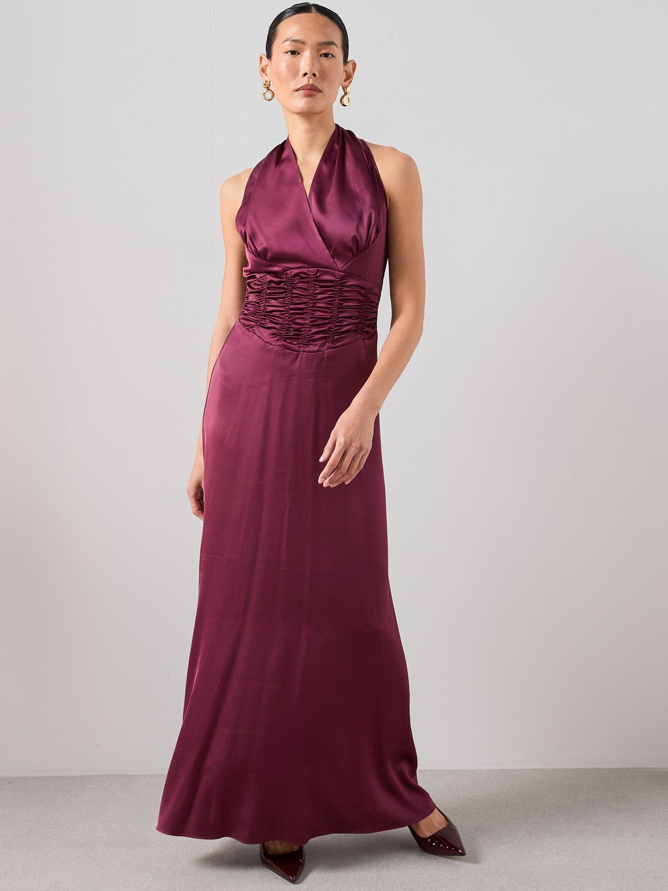  image of the-very-collection-ruched-waist-satin-maxi-dress-burgundy-red