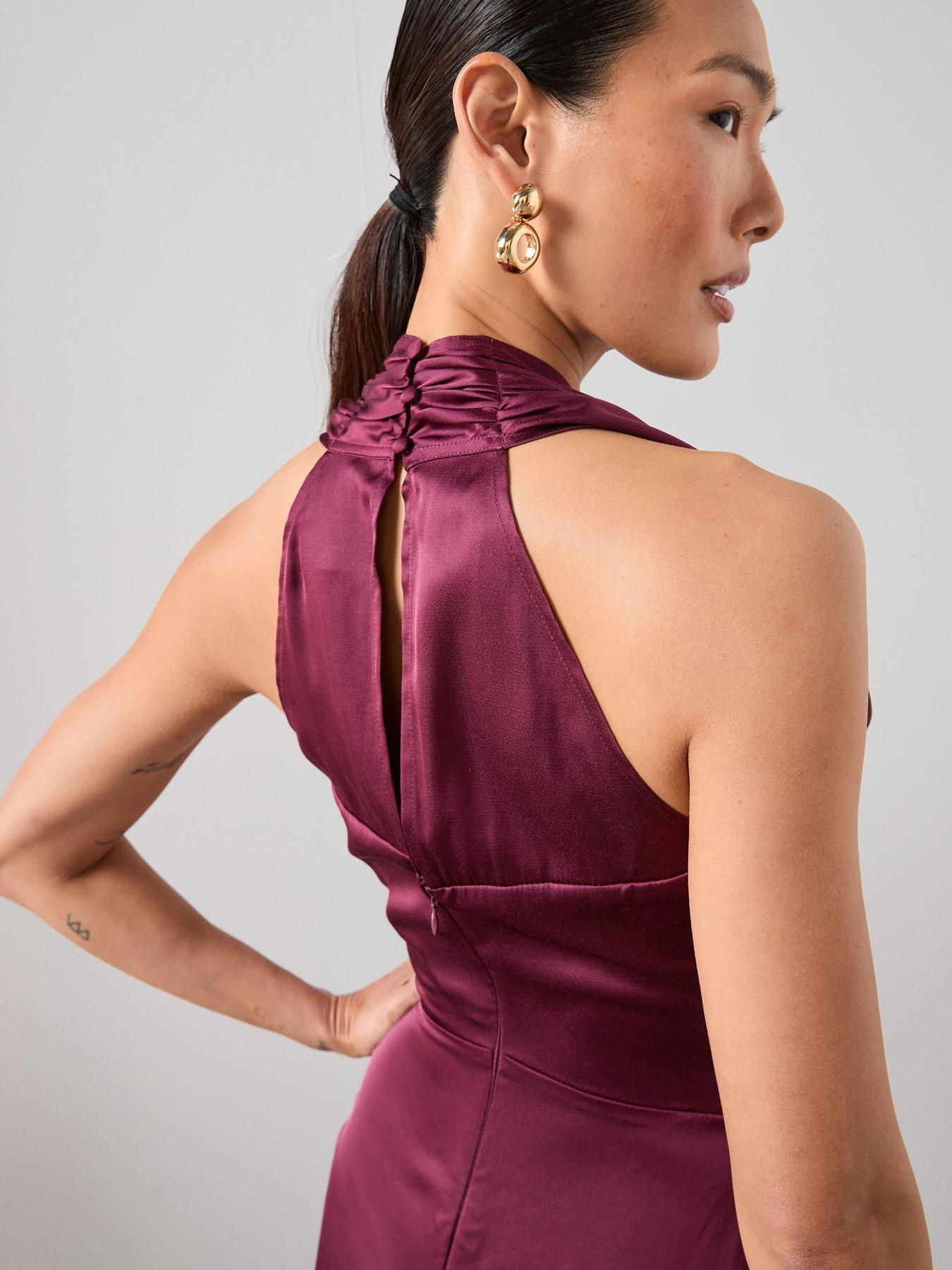  image of the-very-collection-ruched-waist-satin-maxi-dress-burgundy-red