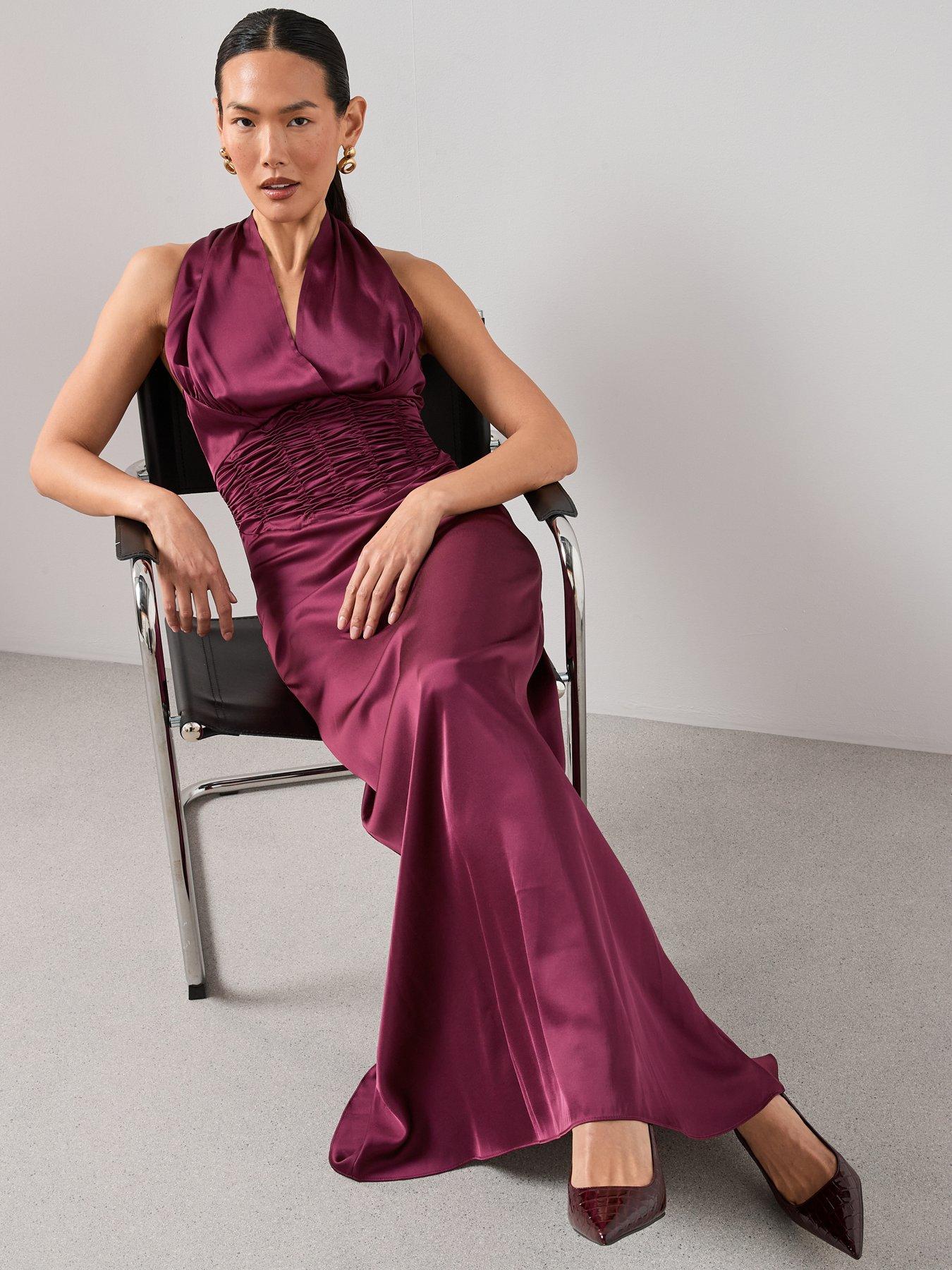  image of the-very-collection-ruched-waist-satin-maxi-dress-burgundy-red