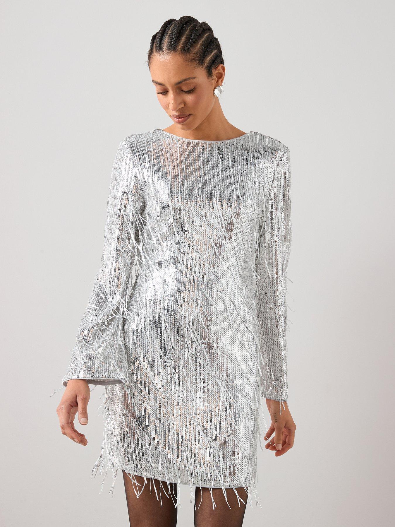 front image of the-very-collection-fringed-sequin-mini-dress-silver