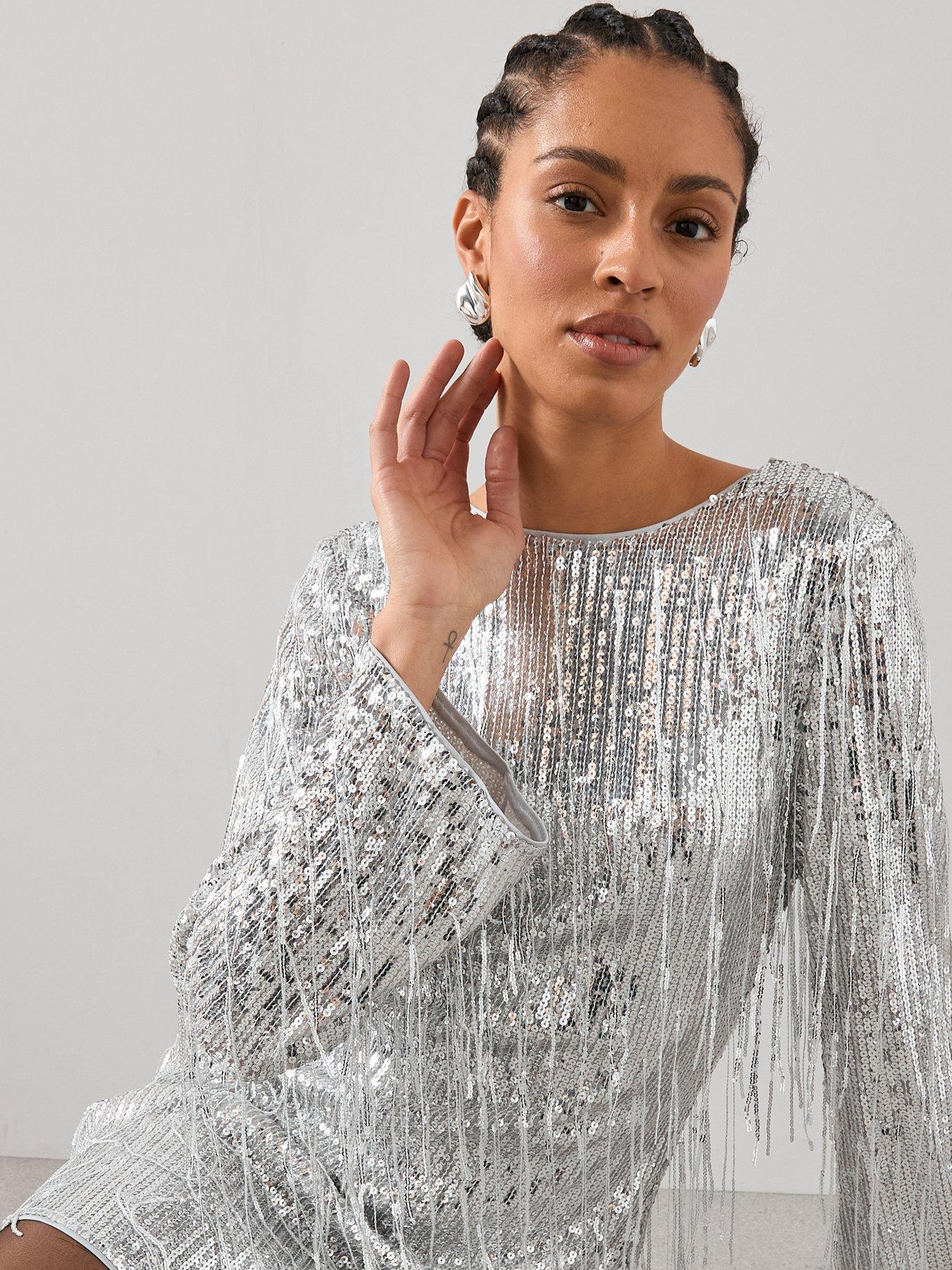  image of the-very-collection-fringed-sequin-mini-dress-silver