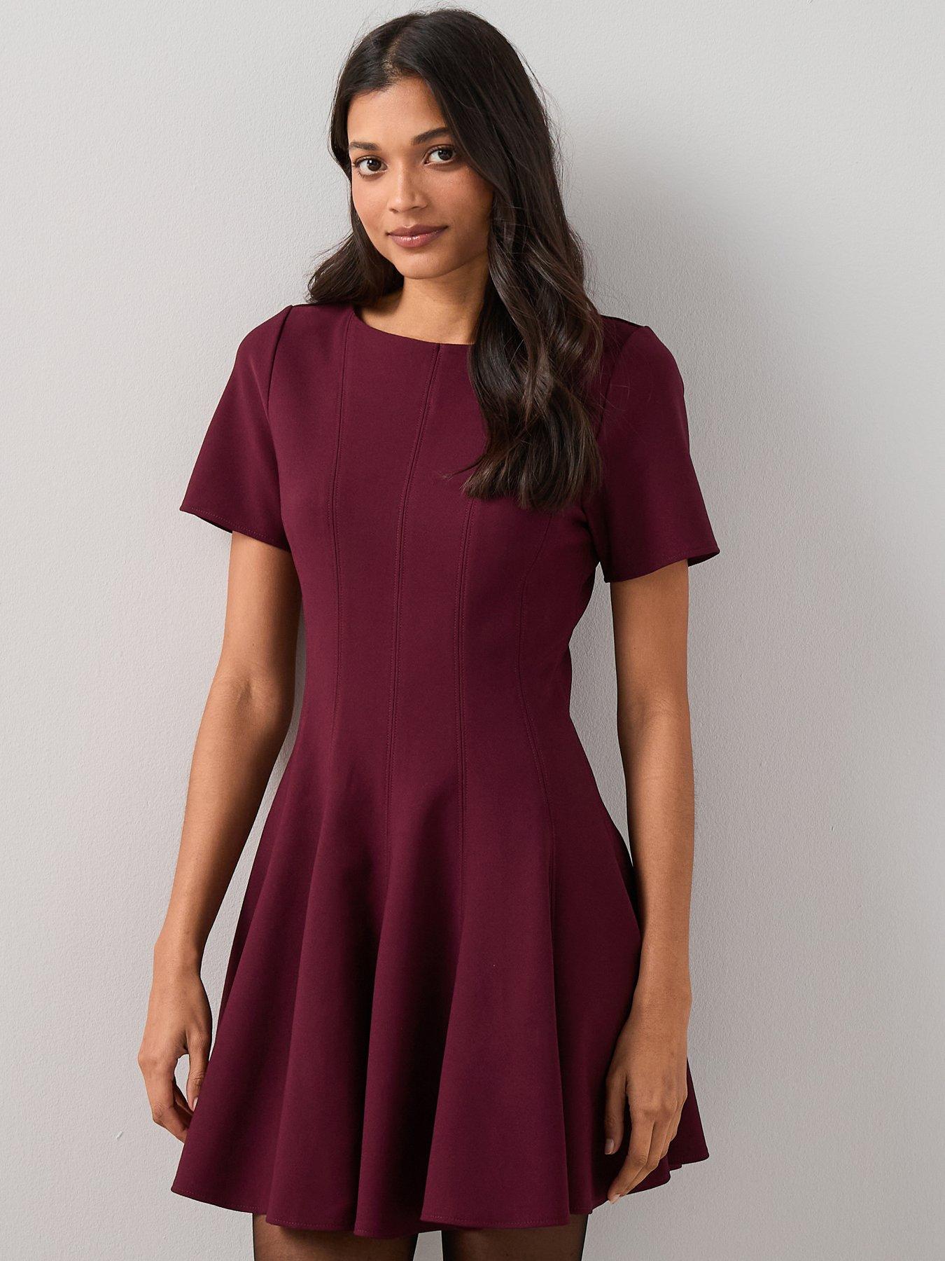 The Very Collection Short Sleeve Godet Mini Dress Burgundy - Red