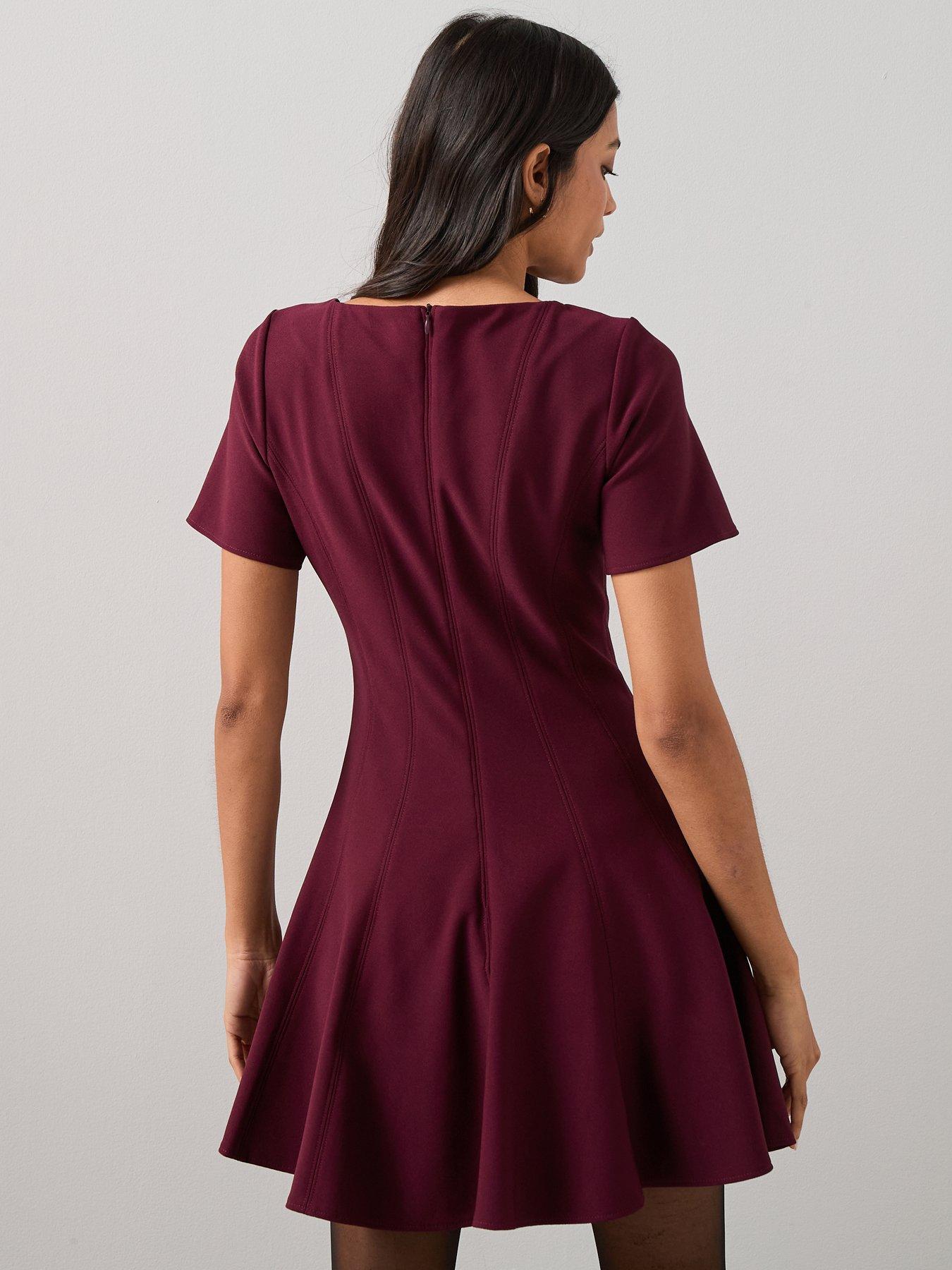 stillFront image of the-very-collection-short-sleeve-godet-mini-dress-burgundy-red