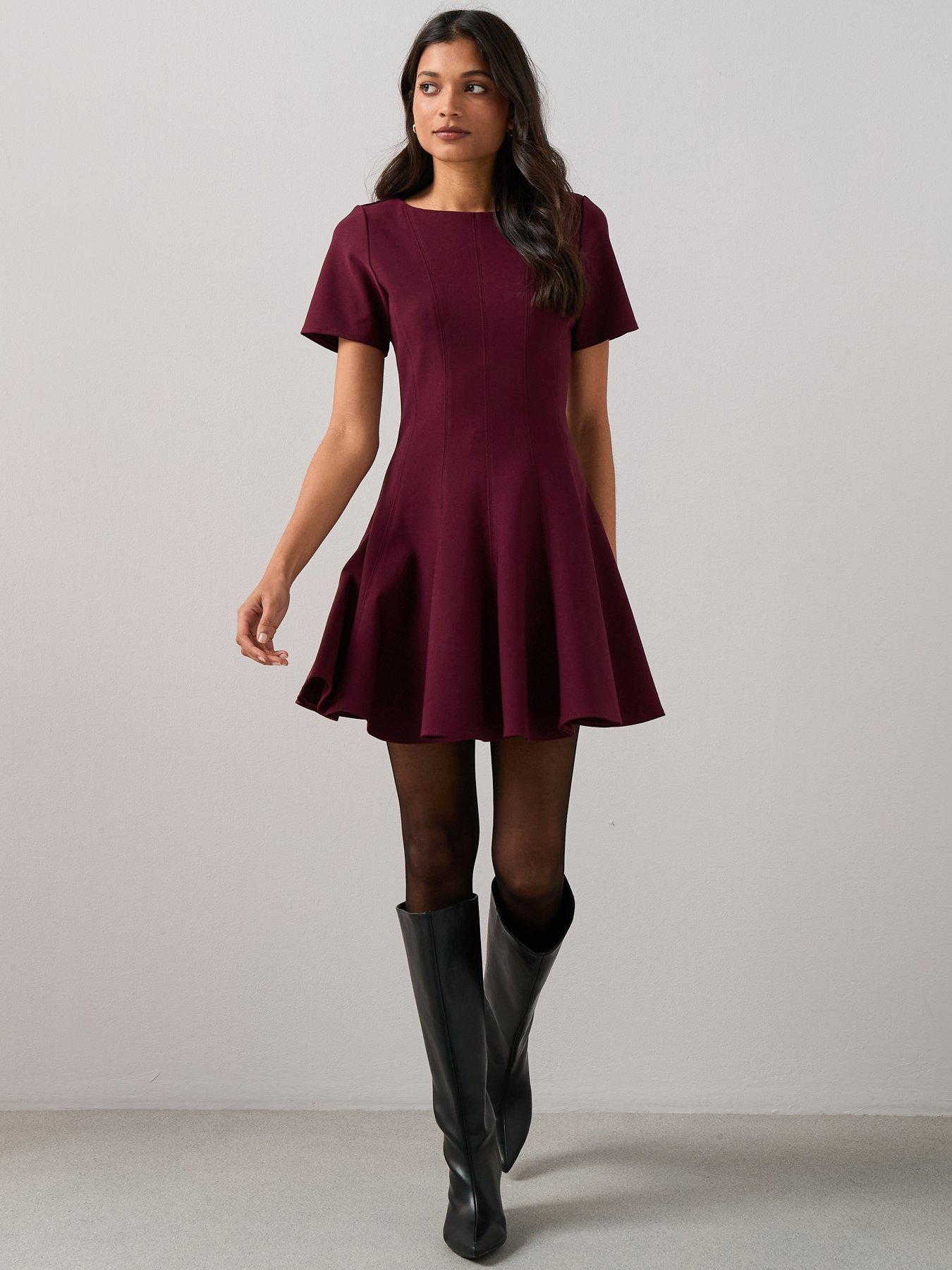  image of the-very-collection-short-sleeve-godet-mini-dress-burgundy-red
