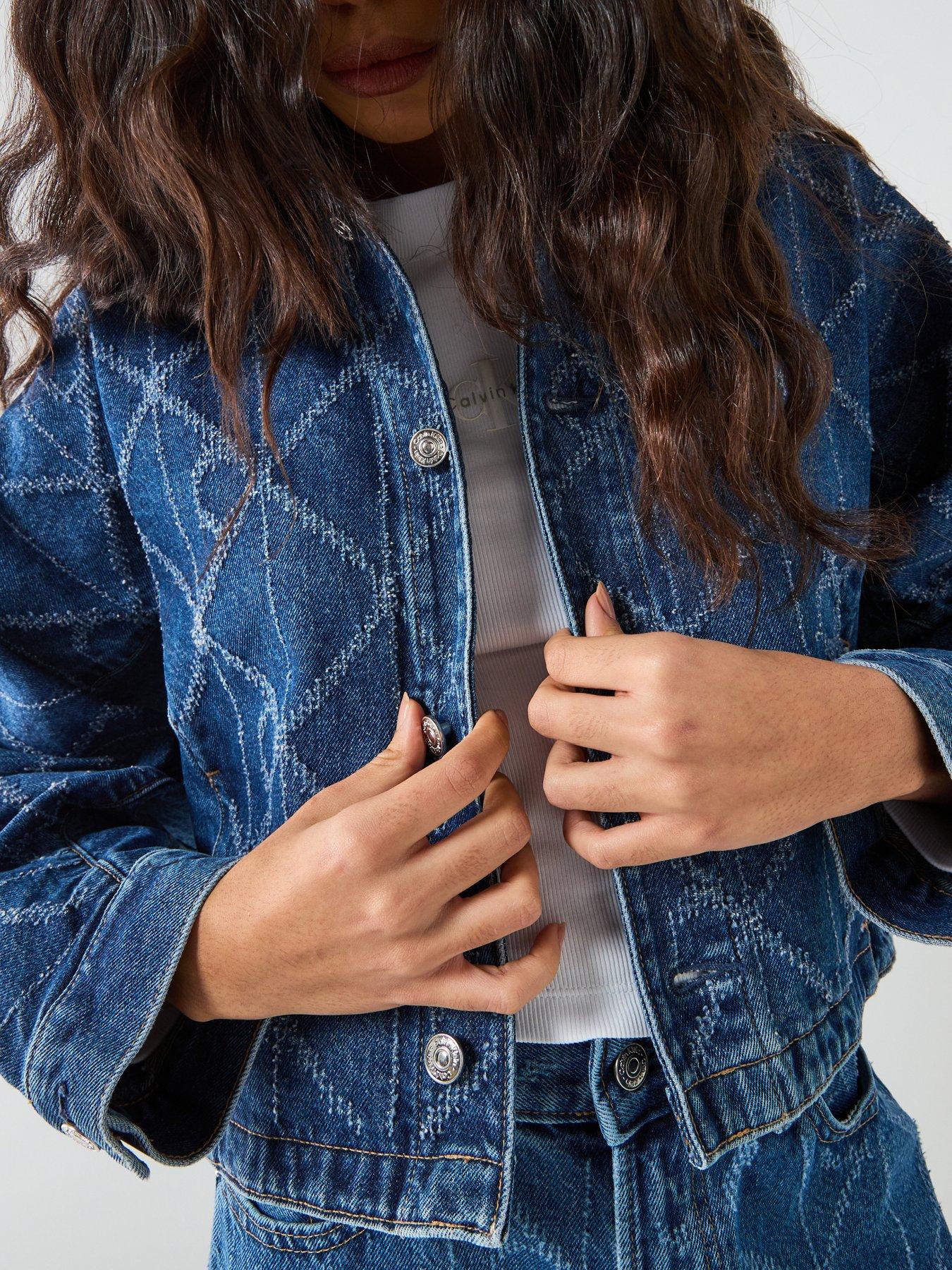  image of calvin-klein-jeans-trucker-ck-print-denim-jacket-blue