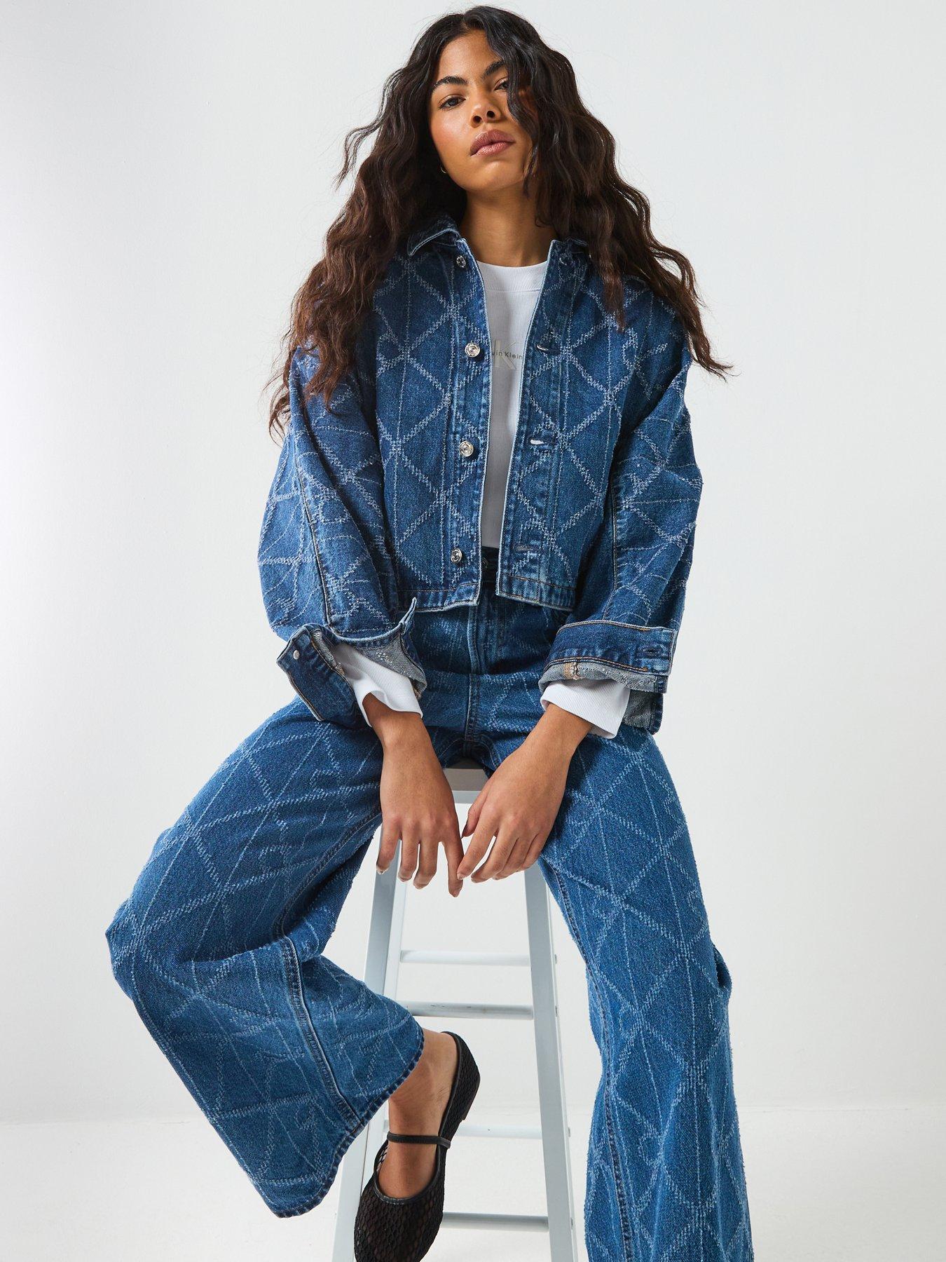  image of calvin-klein-jeans-trucker-ck-print-denim-jacket-blue