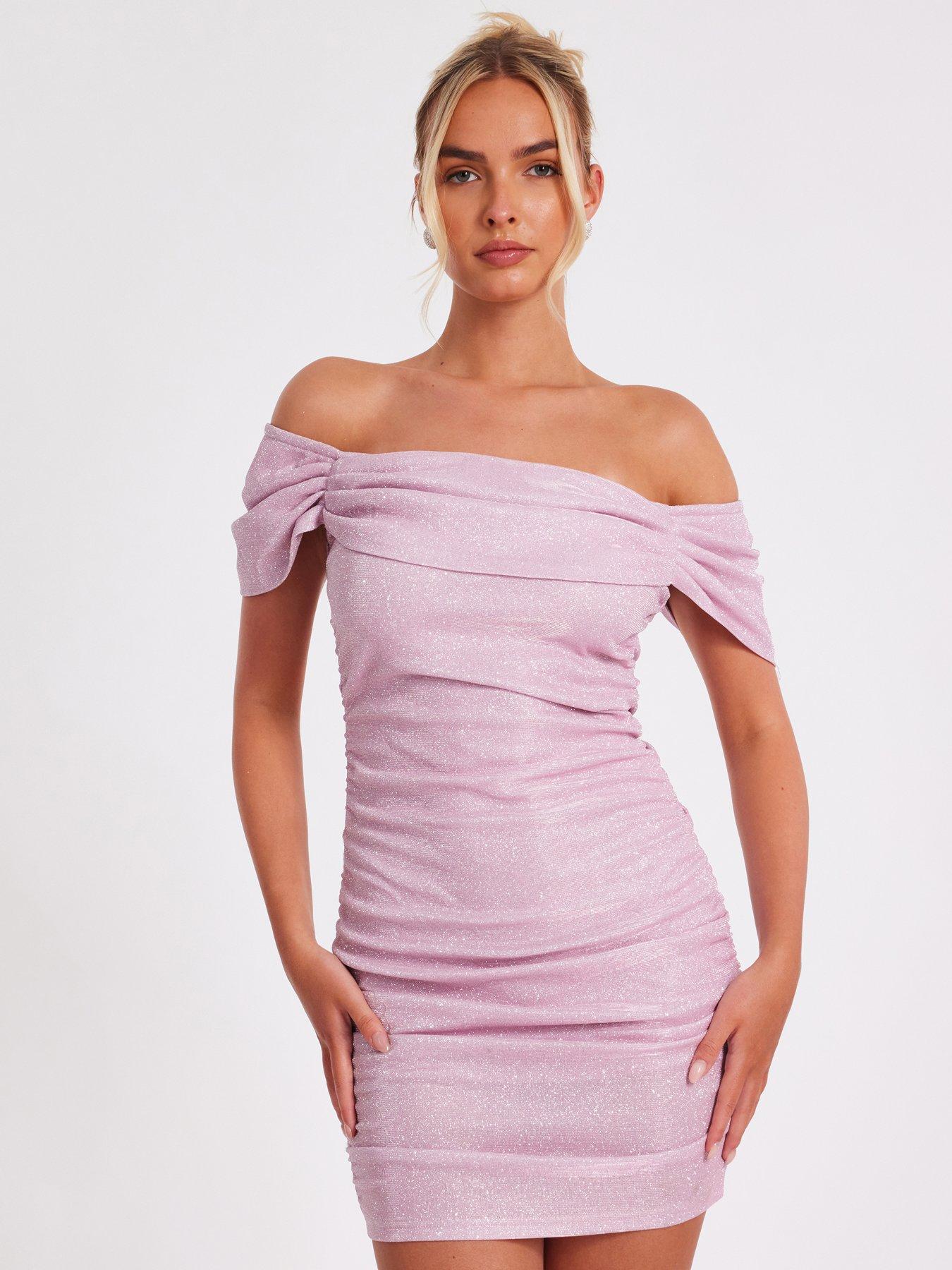 undefined Pink Glitter Ruched Bardot Mini Dress