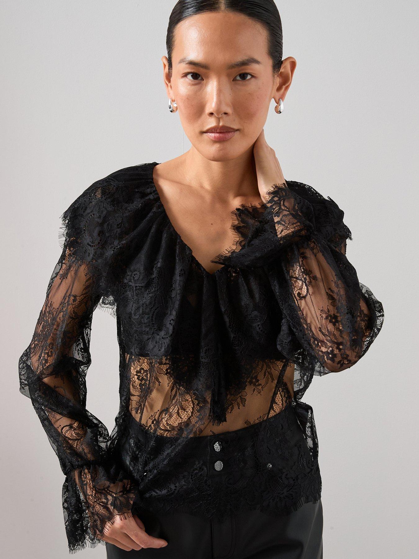 front image of the-very-collection-ruffle-lace-blouse-black