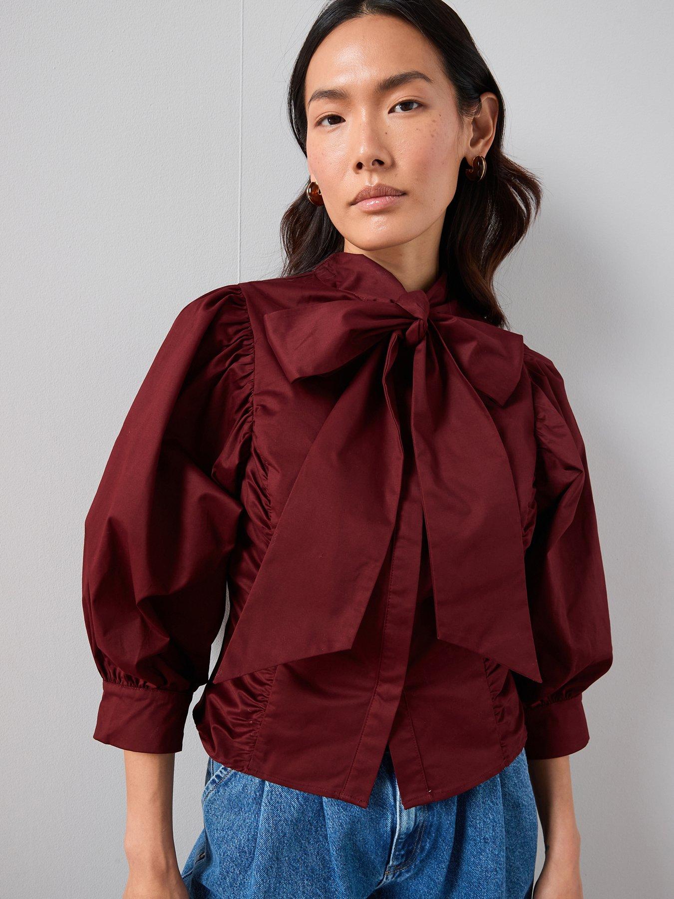  image of the-very-collection-pussy-bow-balloon-sleeve-blouse-plum