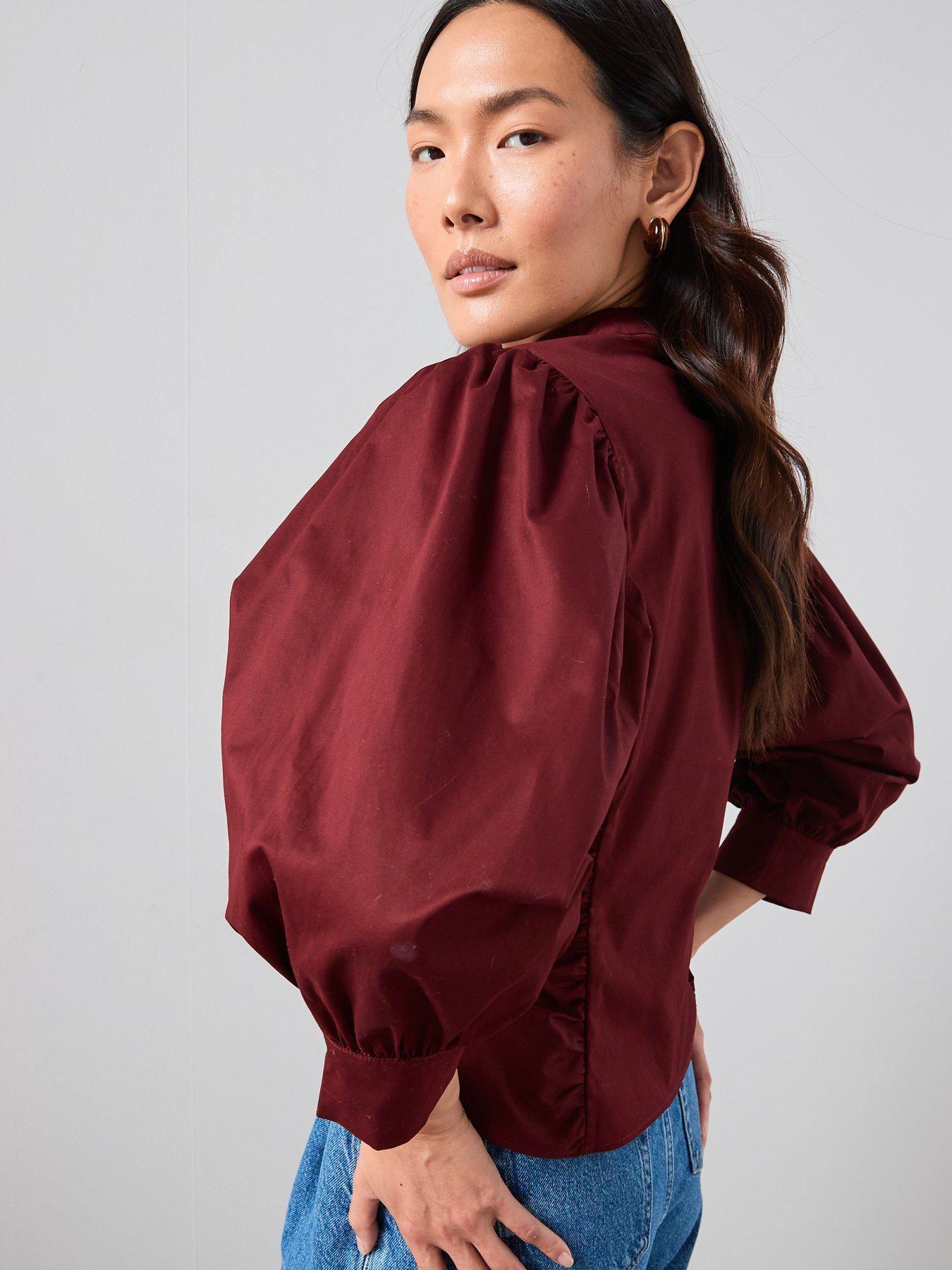 stillFront image of the-very-collection-pussy-bow-balloon-sleeve-blouse-plum