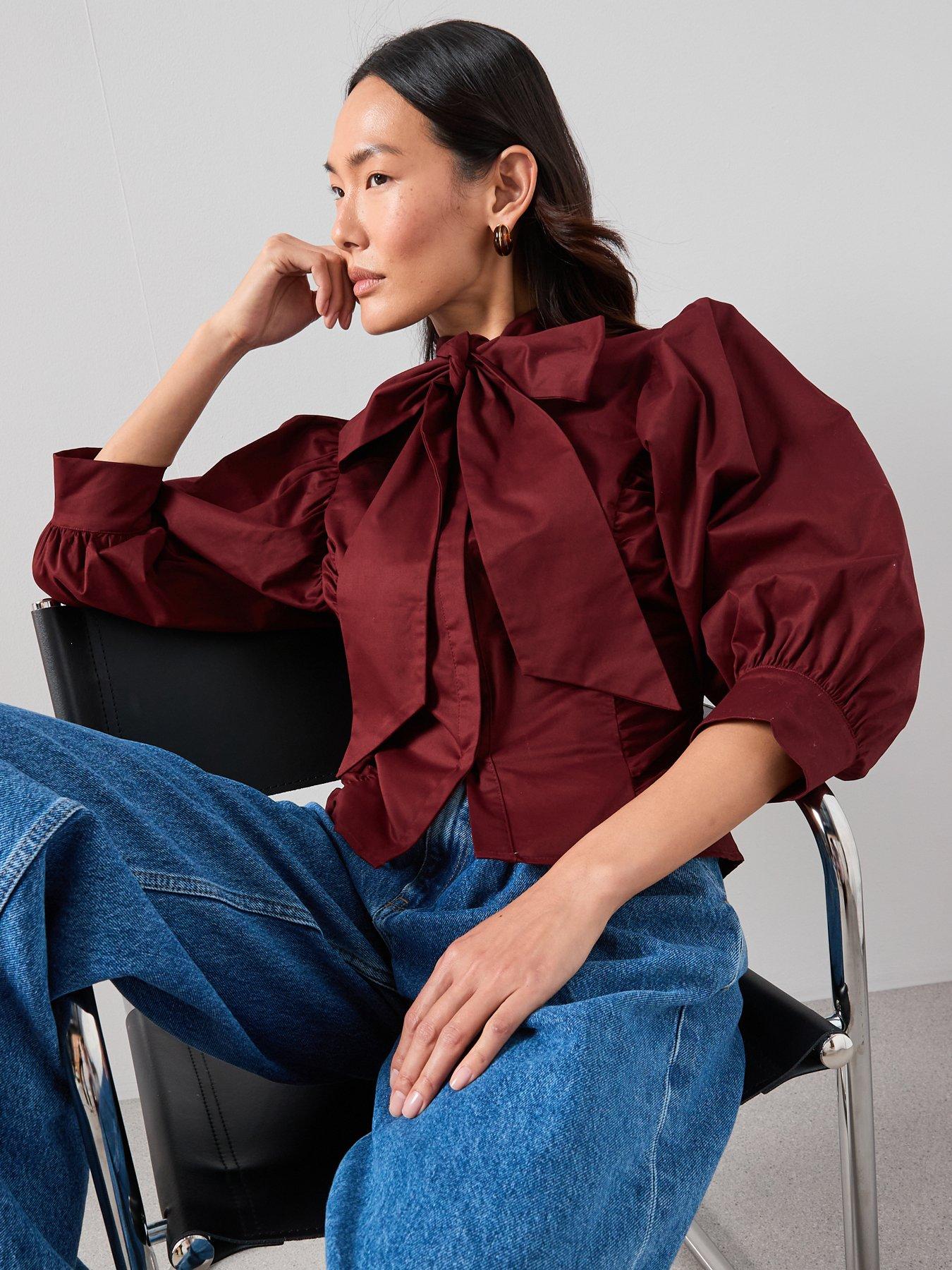  image of the-very-collection-pussy-bow-balloon-sleeve-blouse-plum