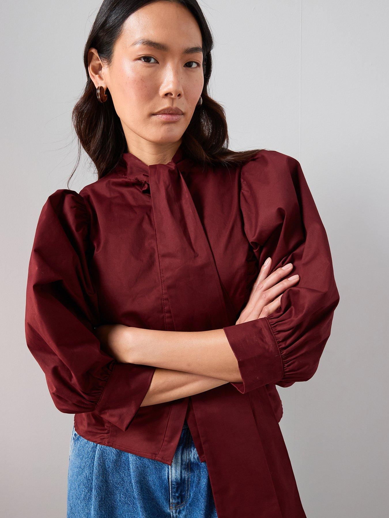  image of the-very-collection-pussy-bow-balloon-sleeve-blouse-plum
