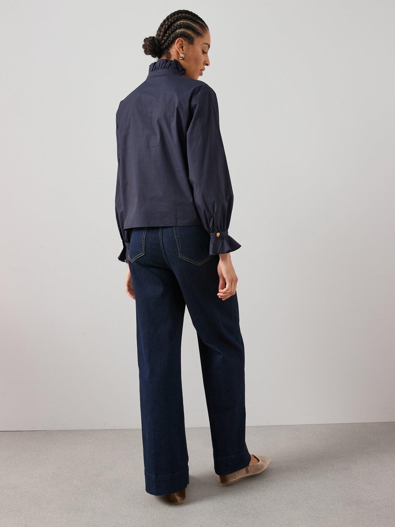 Image 2 of 7 of The Very Collection Ruffle Collar Cotton Blouse - Navy