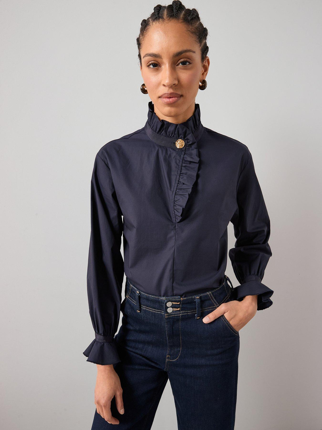 Image 4 of 7 of The Very Collection Ruffle Collar Cotton Blouse - Navy