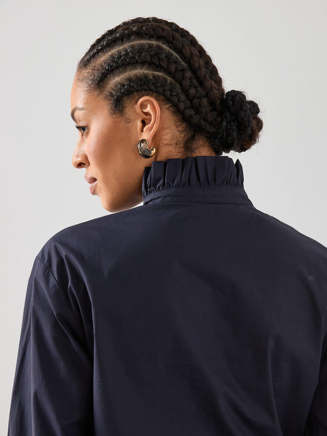 Image 5 of 7 of The Very Collection Ruffle Collar Cotton Blouse - Navy