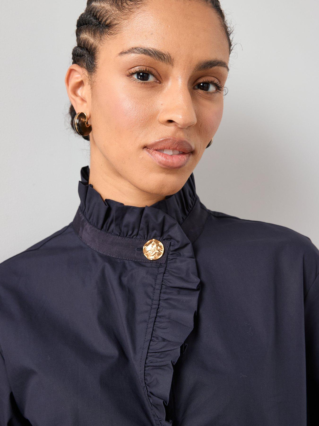 Image 6 of 7 of The Very Collection Ruffle Collar Cotton Blouse - Navy