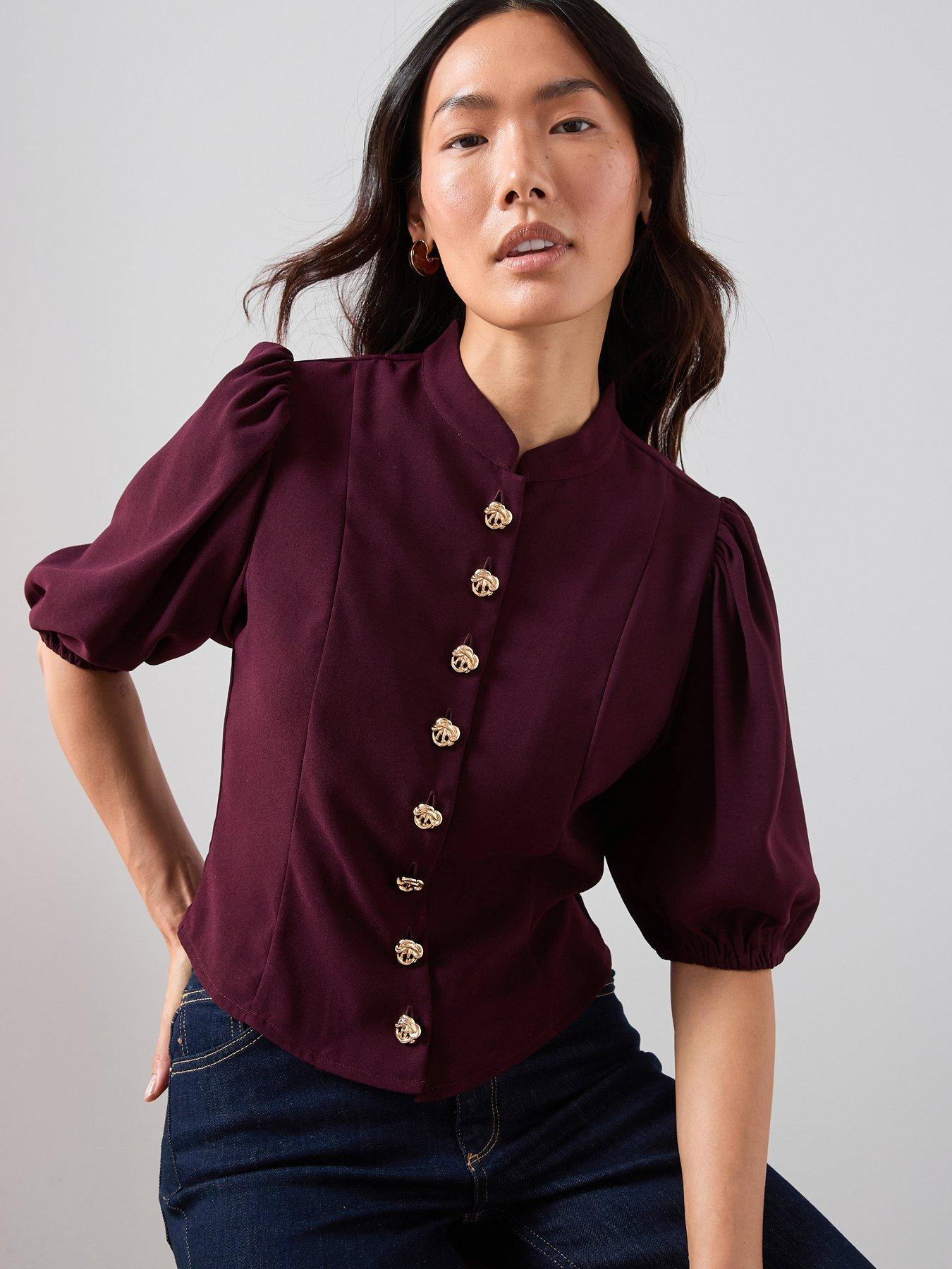  image of the-very-collection-puff-sleeve-button-through-blouse-burgundy