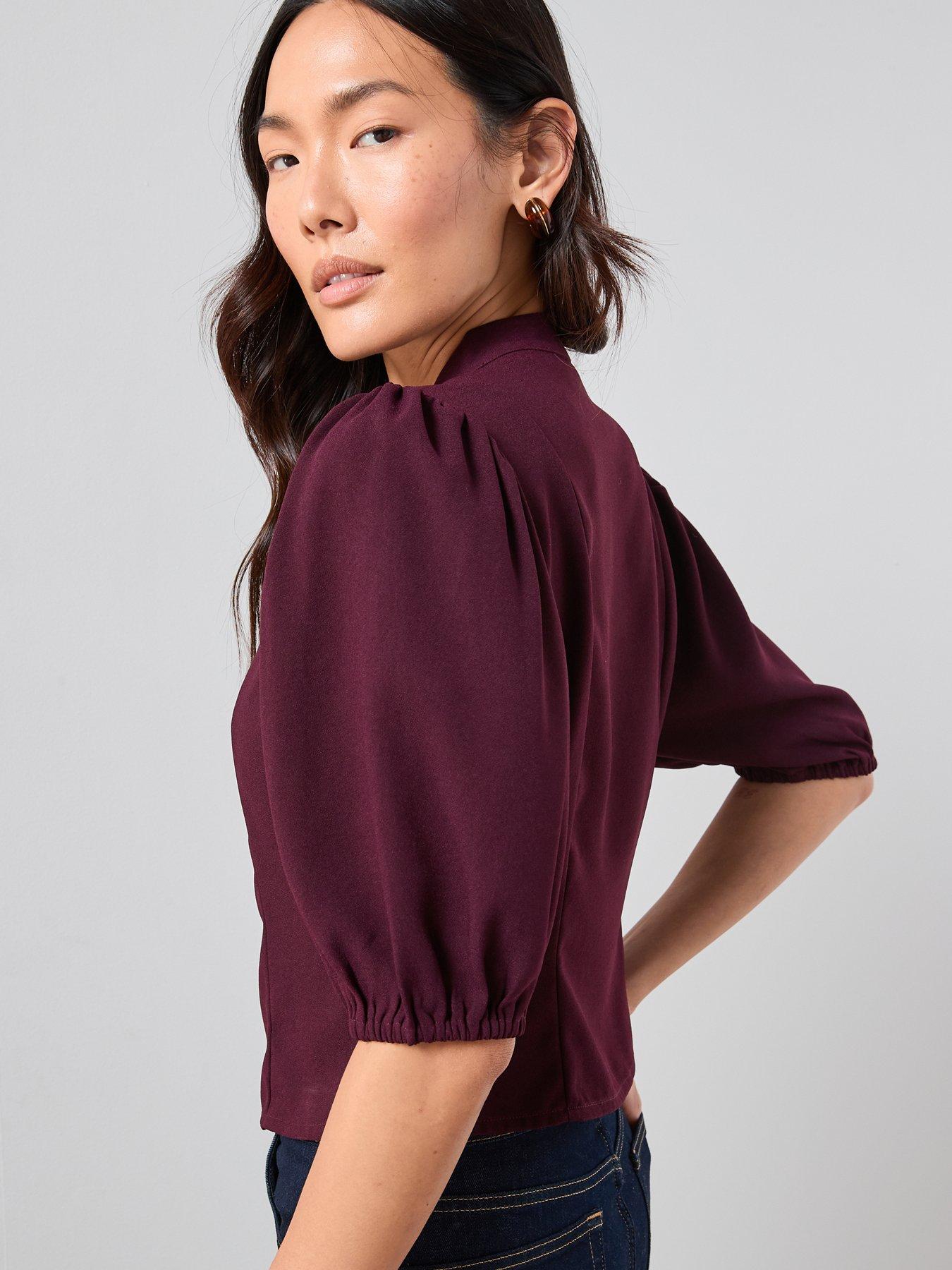 stillFront image of the-very-collection-puff-sleeve-button-through-blouse-burgundy