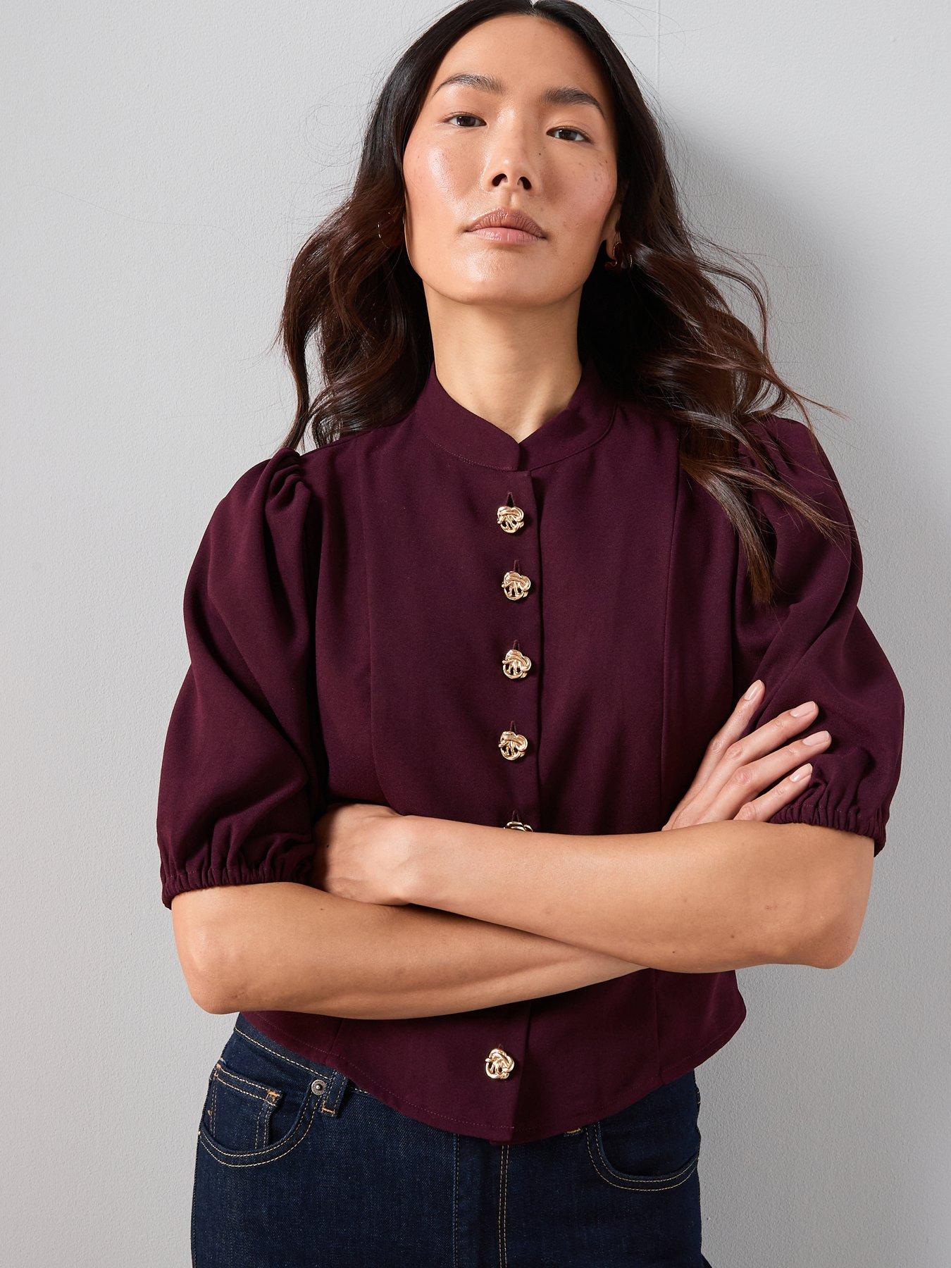  image of the-very-collection-puff-sleeve-button-through-blouse-burgundy