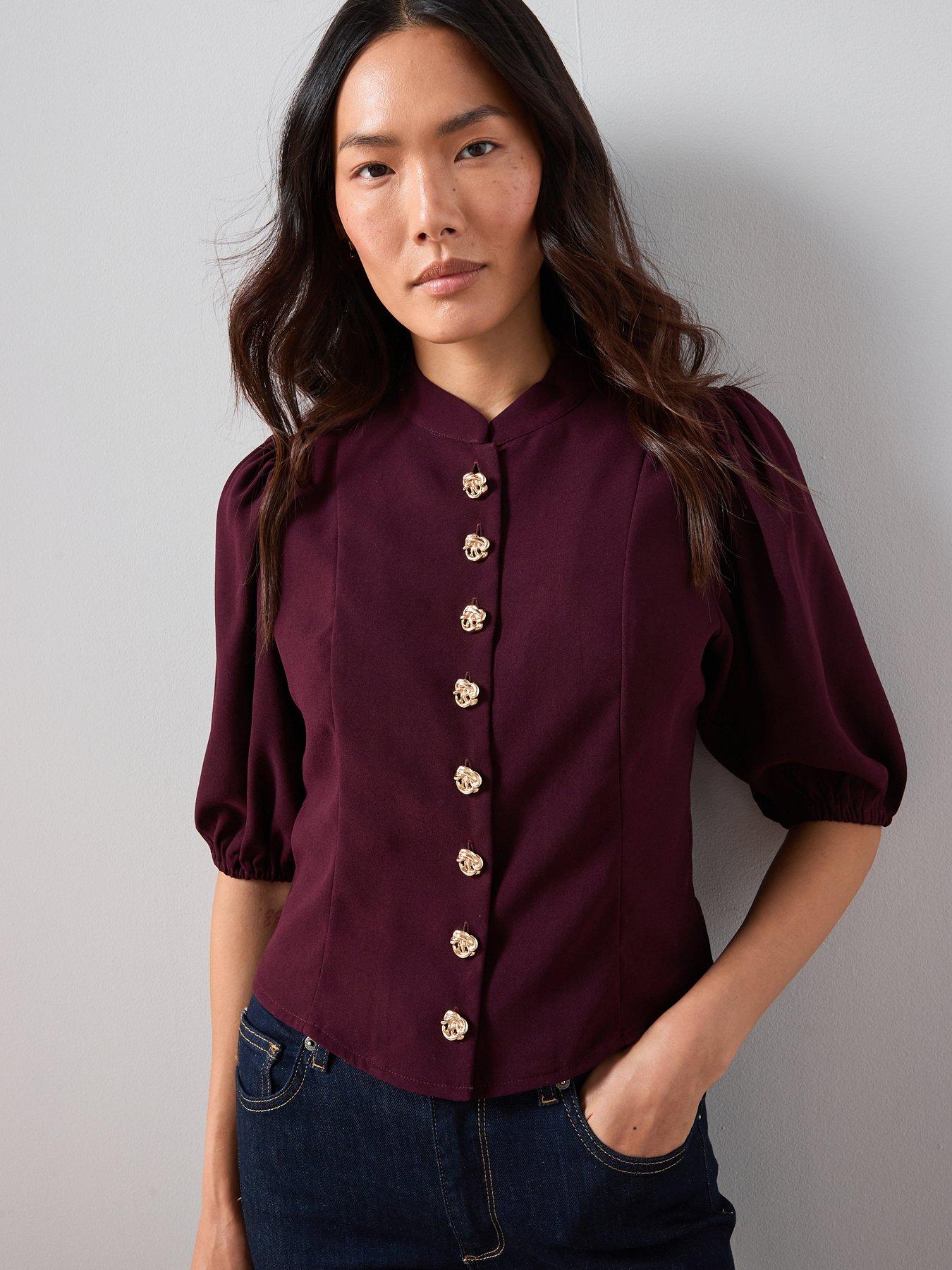  image of the-very-collection-puff-sleeve-button-through-blouse-burgundy
