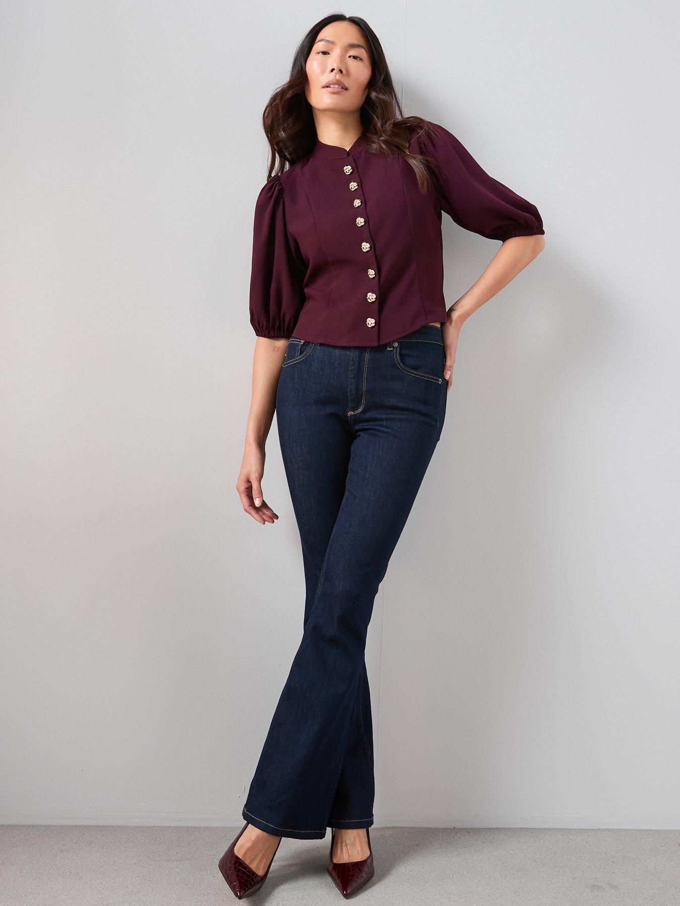  image of the-very-collection-puff-sleeve-button-through-blouse-burgundy
