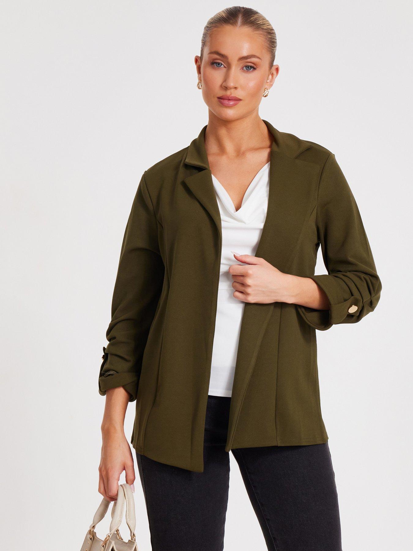 undefined Khaki Ruched Sleeve Blazer