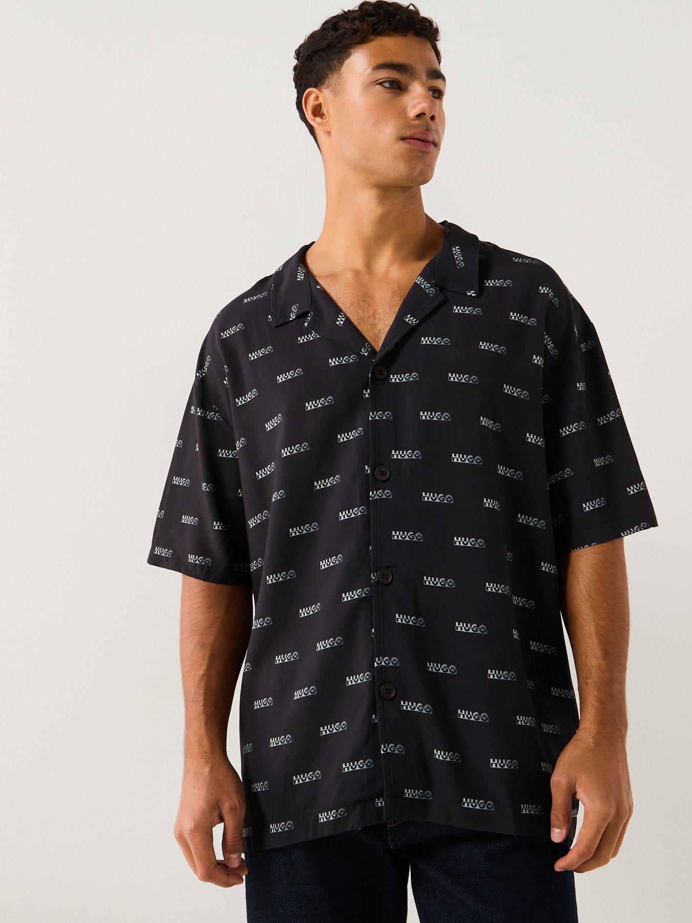 Image 1 of 6 of HUGO Relaxed Fit Multi Logo Rivere Short Sleeve Shirt - Black