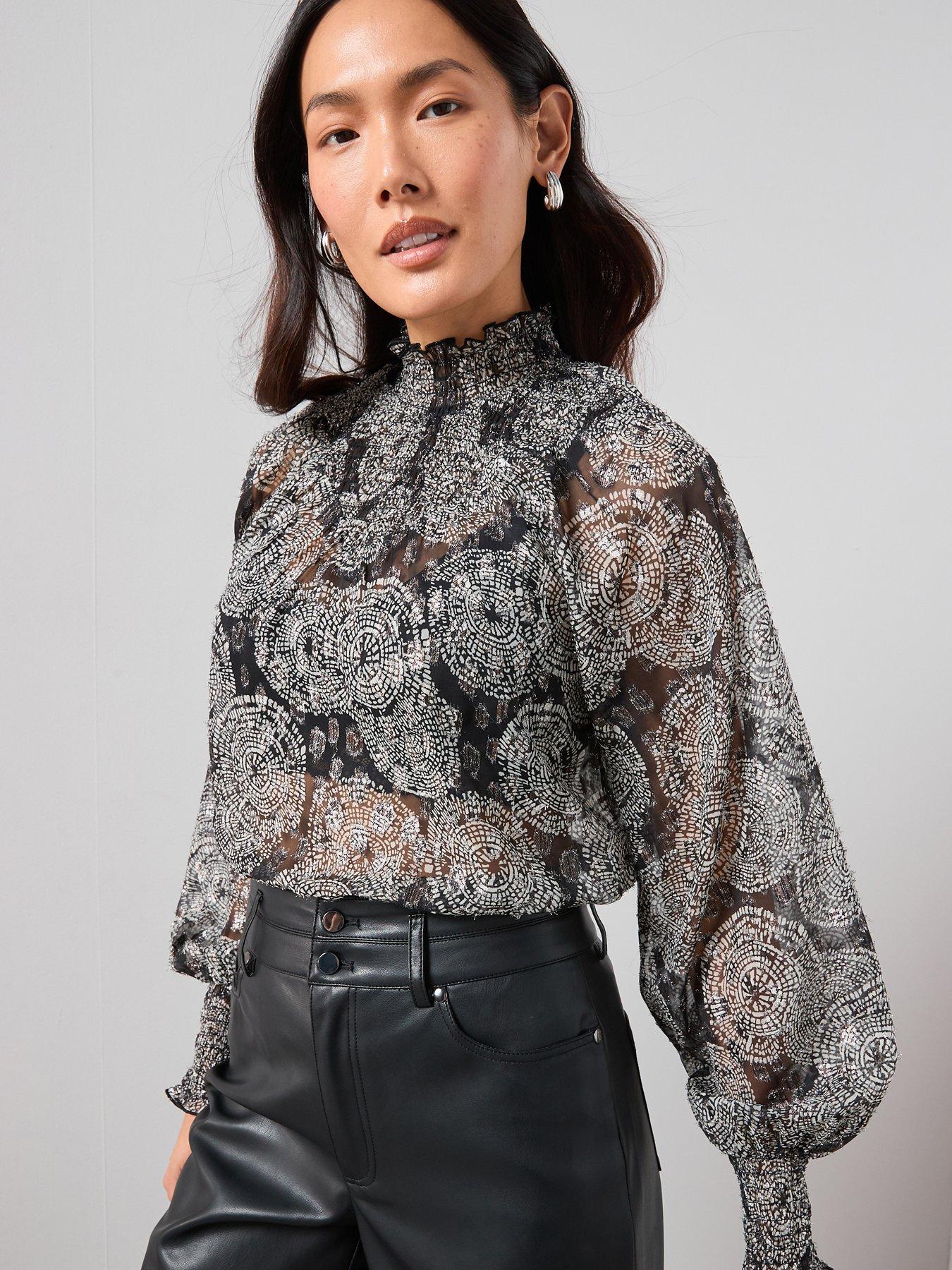  image of the-very-collection-lurex-printed-shirred-blouse-black