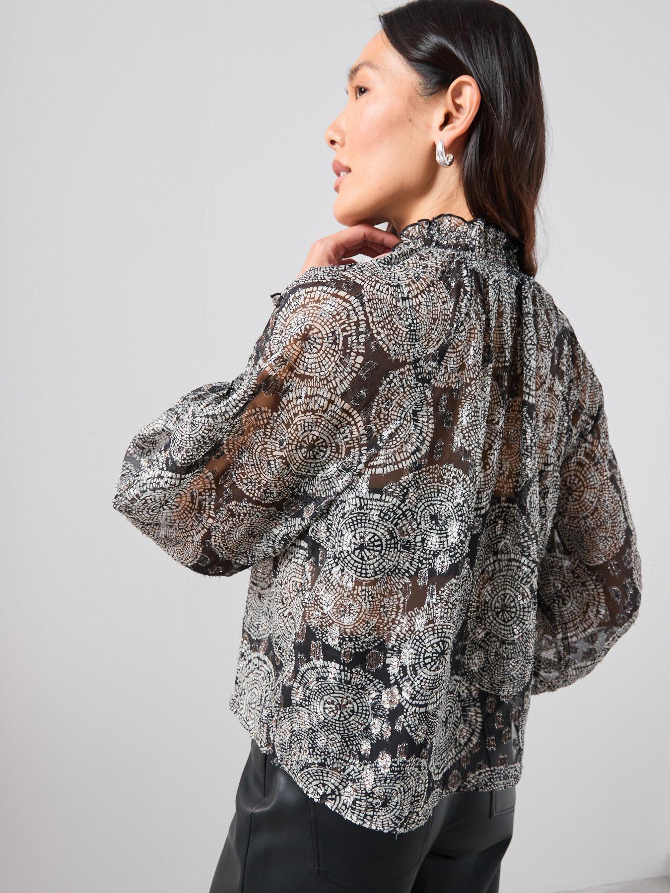  image of the-very-collection-lurex-printed-shirred-blouse-black