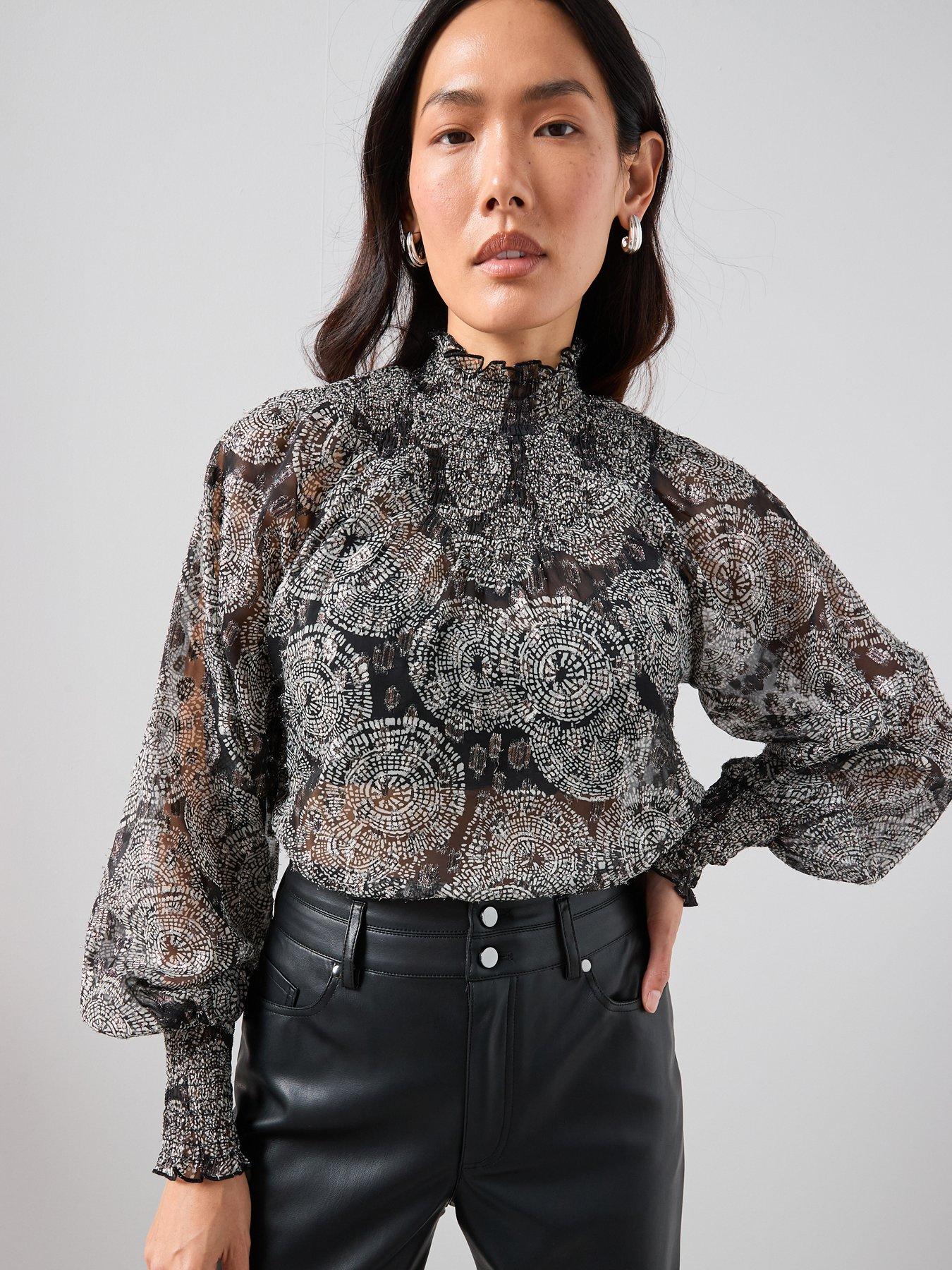  image of the-very-collection-lurex-printed-shirred-blouse-black