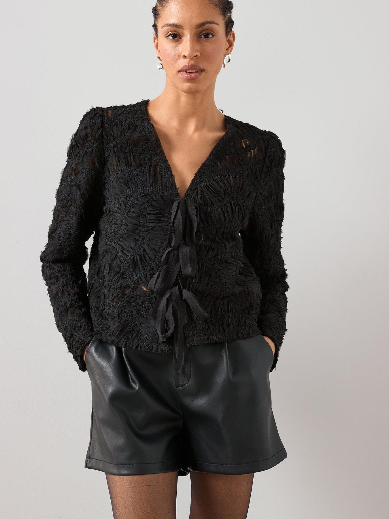  image of the-very-collection-embroidery-3d-effect-tie-blouse-black