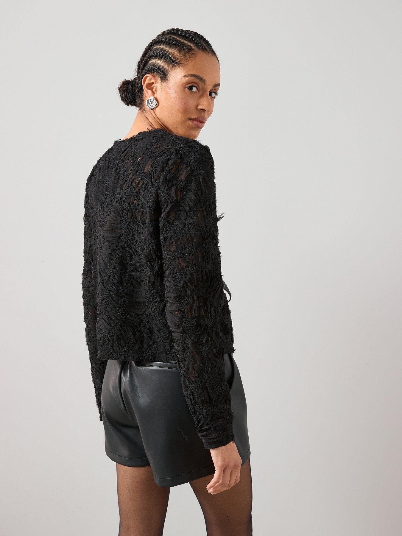 stillFront image of the-very-collection-embroidery-3d-effect-tie-blouse-black