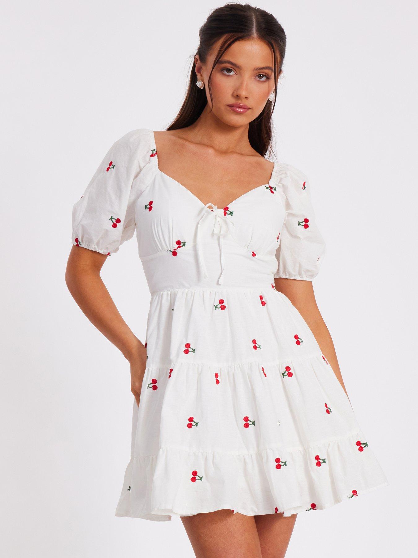 Image 1 of 6 of Quiz Petite White Cherry Print Skater Dress