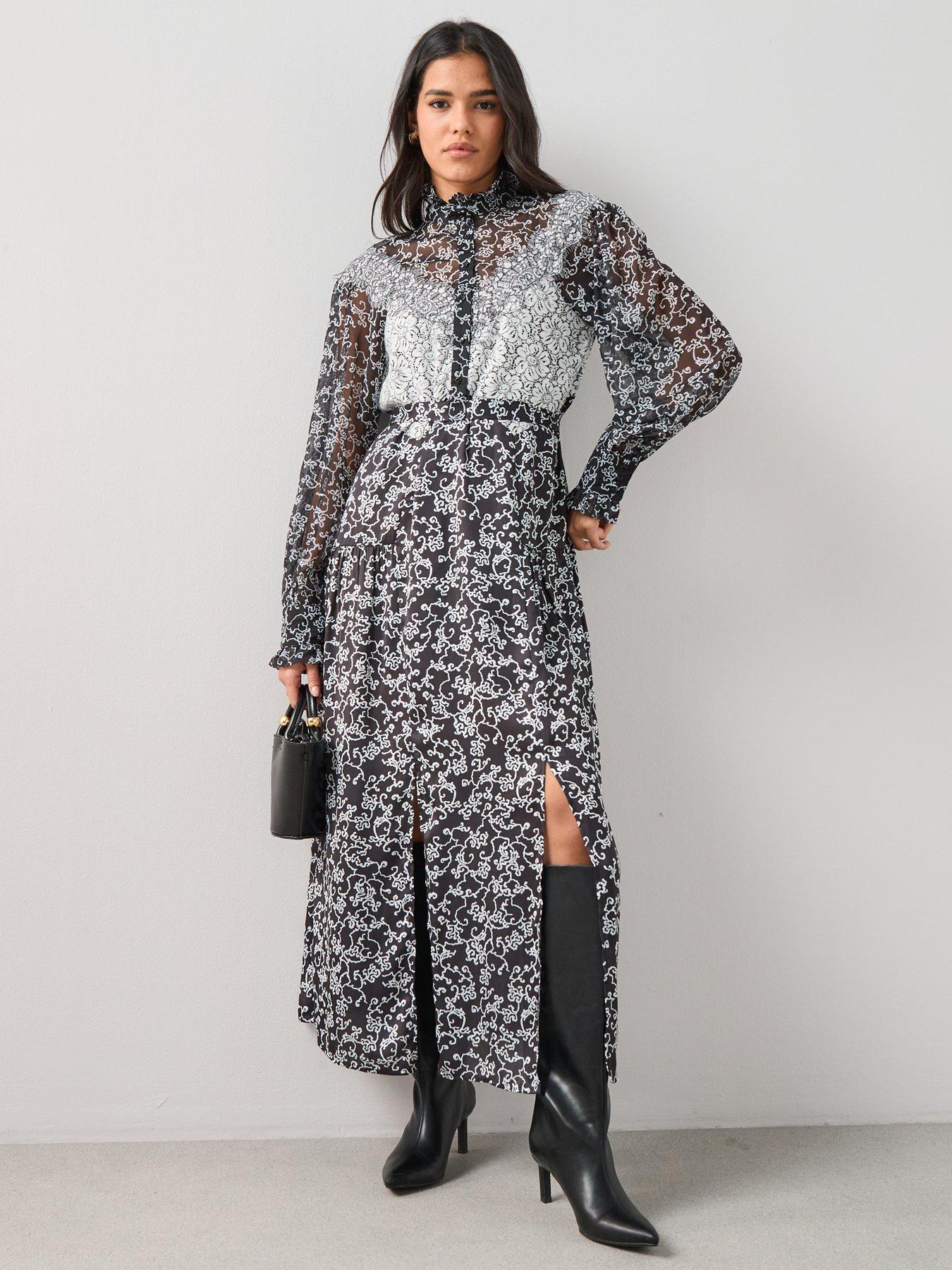 The Very Collection Lace Detail Long Sleeve Midaxi Dress - Print