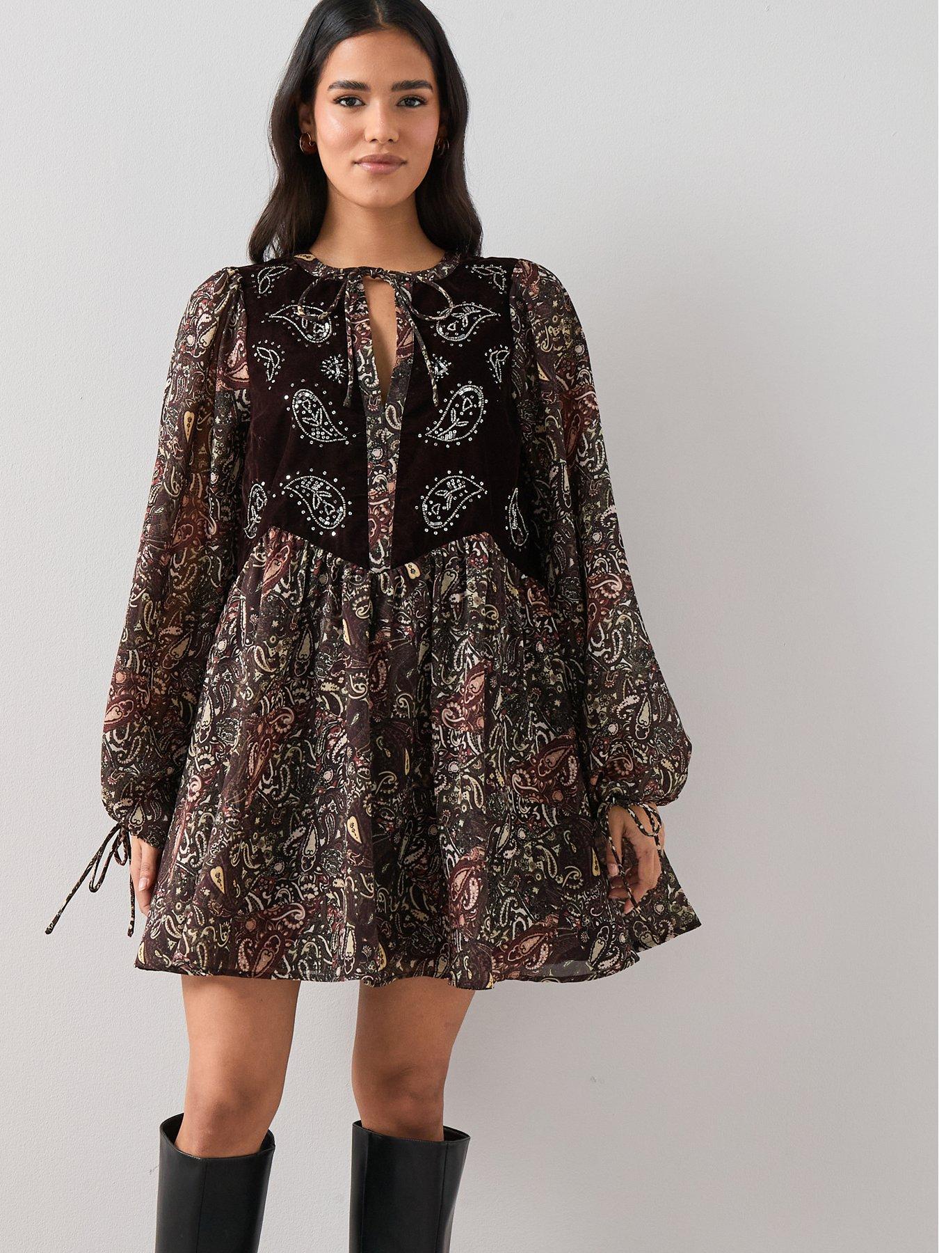 The Very Collection Velvet Embroidered Printed Mini Dress - Print