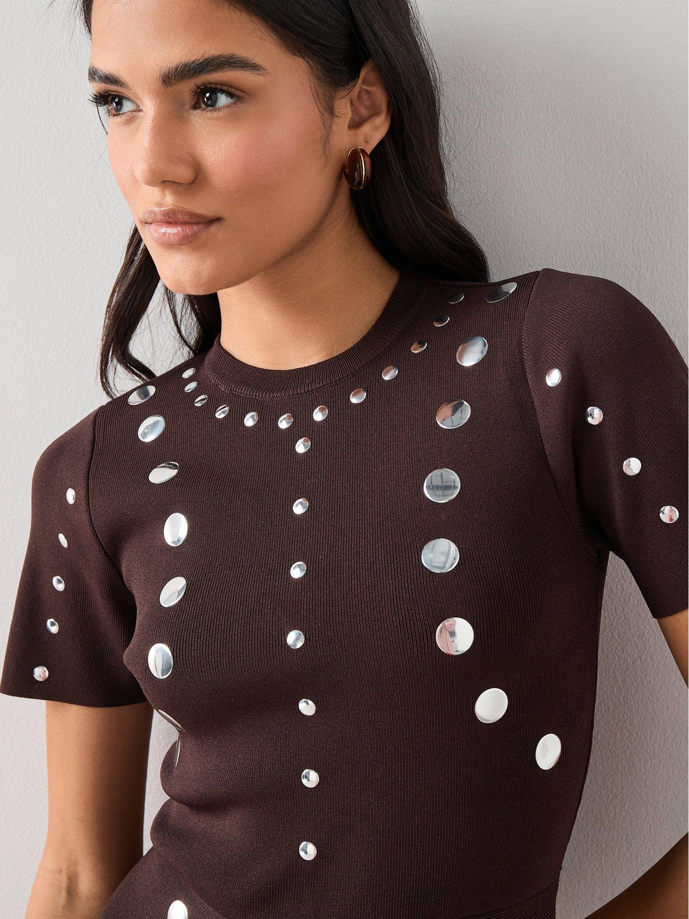 Image 4 of 7 of The Very Collection Stud Detail Knitted Dress - Brown