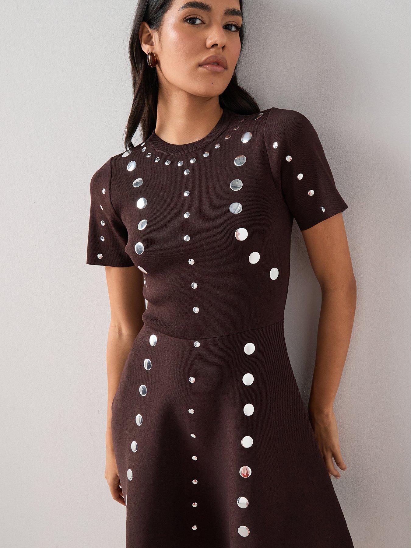 Image 6 of 7 of The Very Collection Stud Detail Knitted Dress - Brown