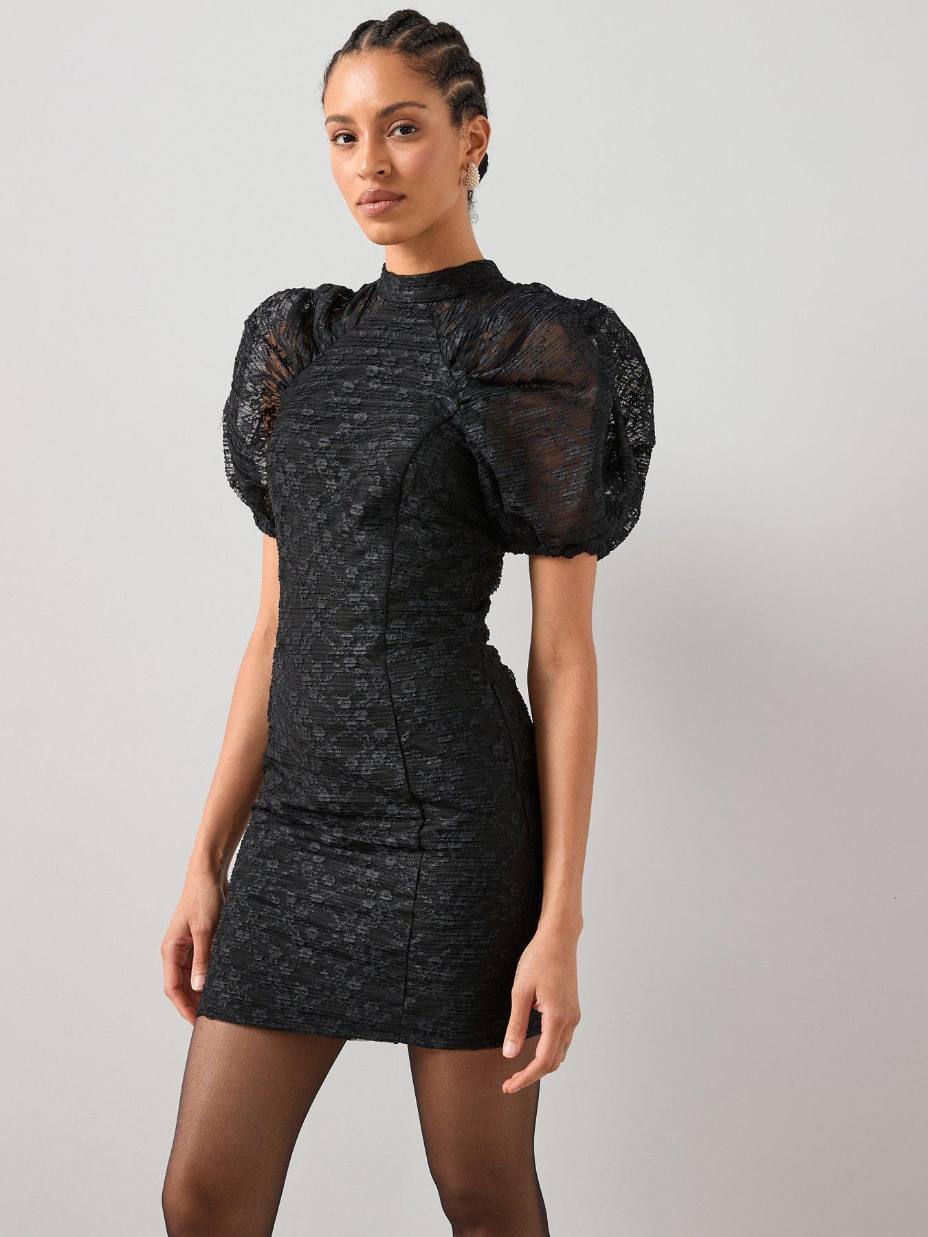  image of the-very-collection-lace-gathered-sleeve-mini-dress-black