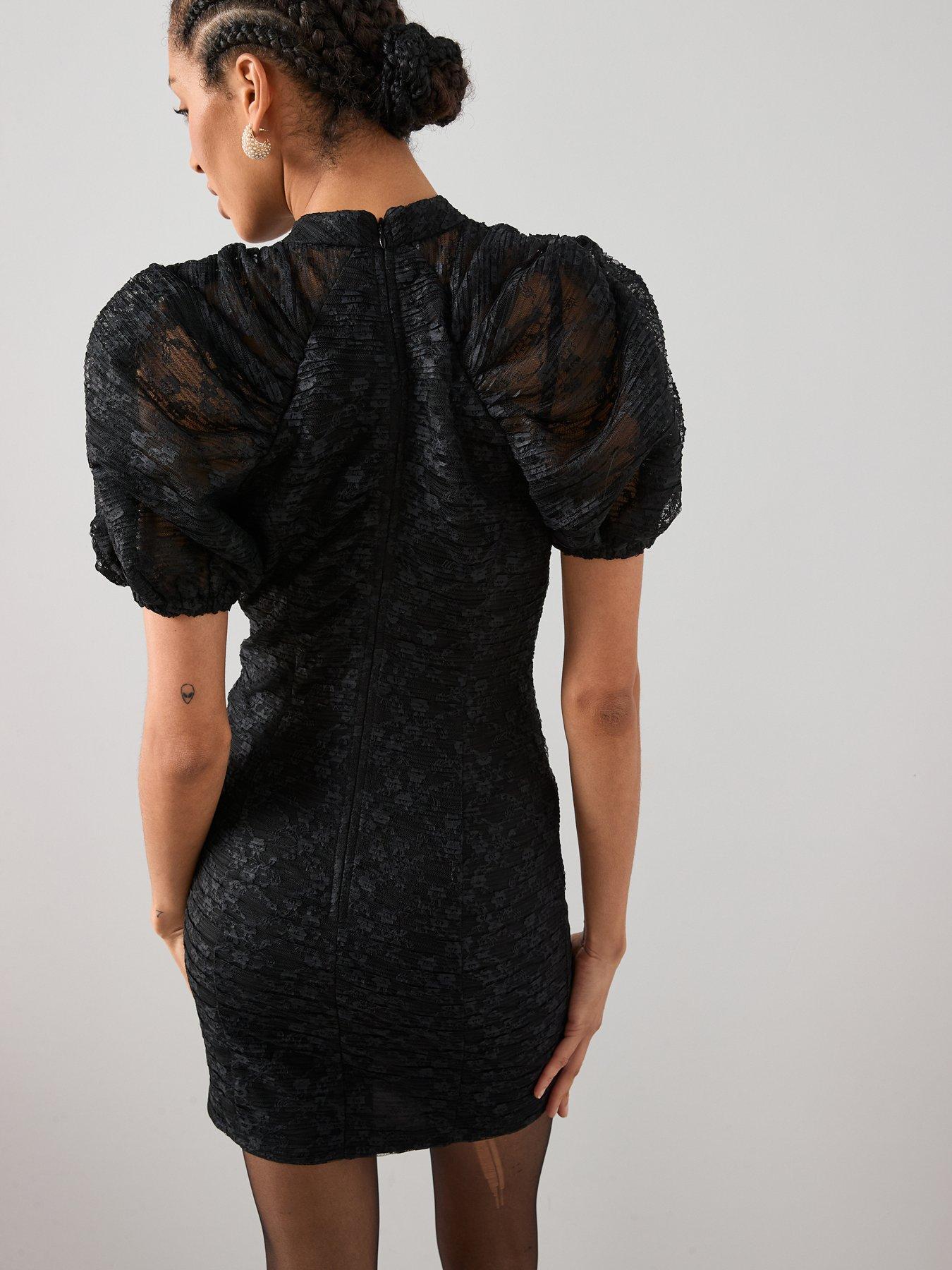 stillFront image of the-very-collection-lace-gathered-sleeve-mini-dress-black