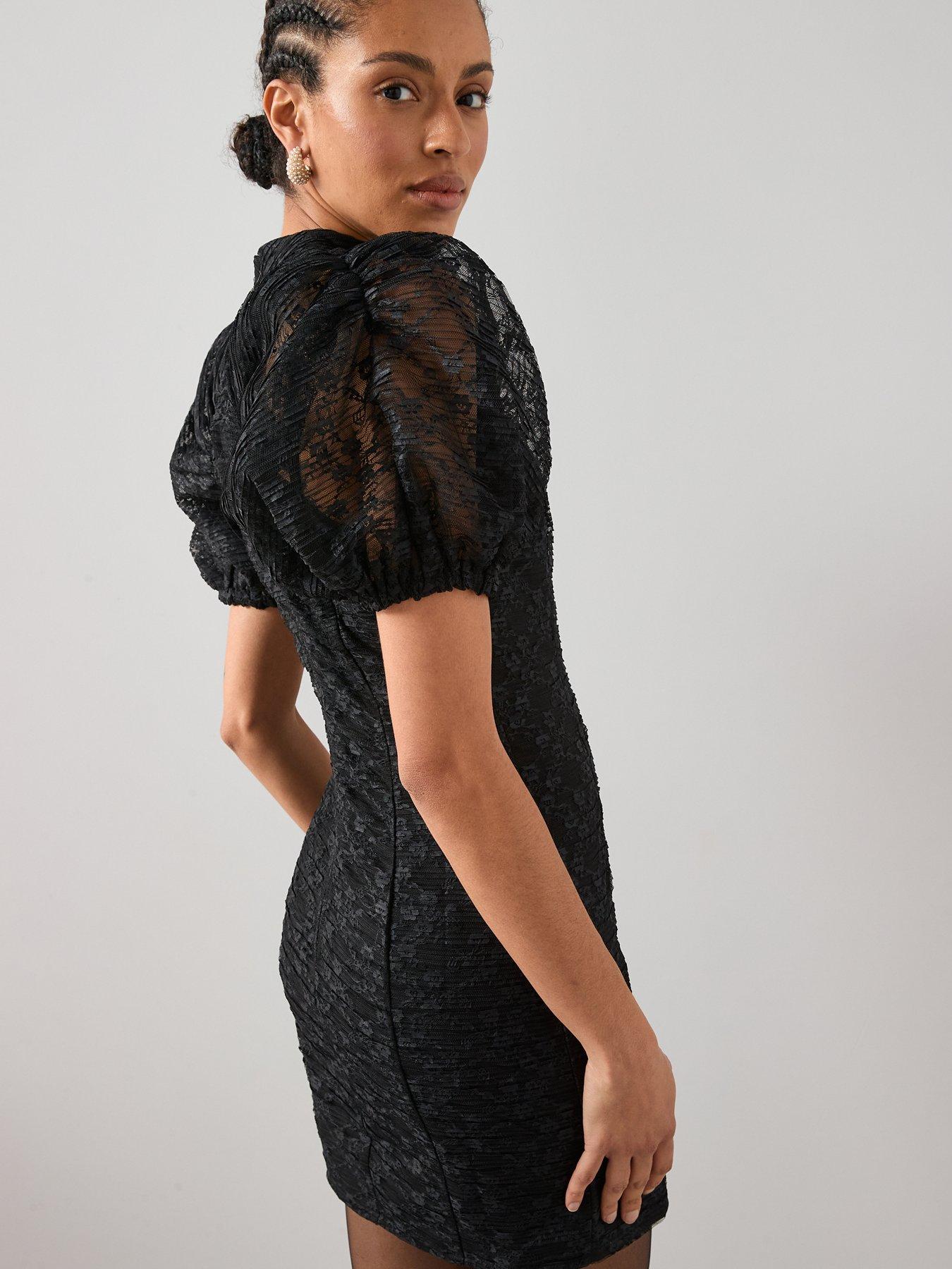  image of the-very-collection-lace-gathered-sleeve-mini-dress-black