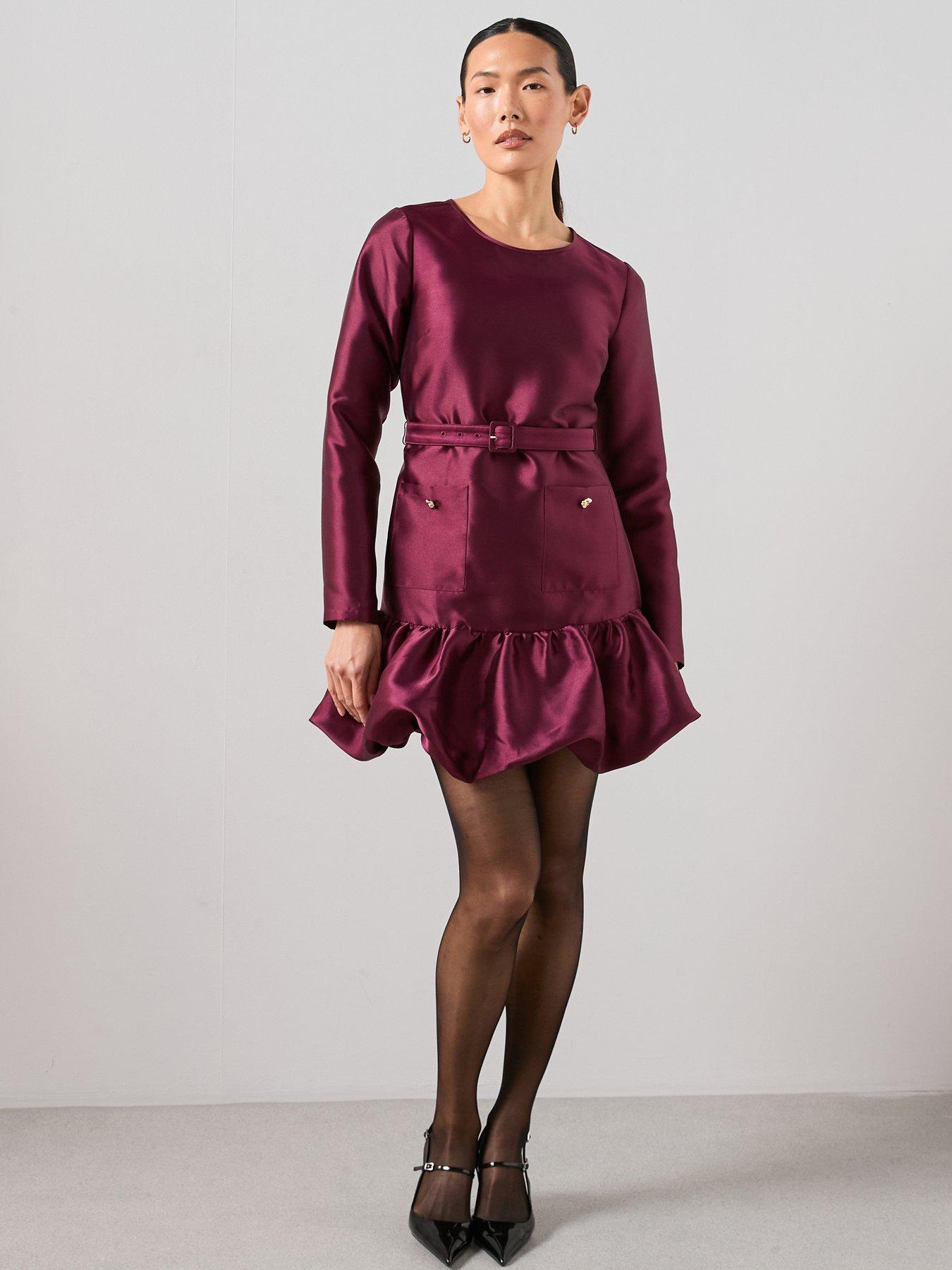 front image of the-very-collection-satin-puff-ball-belted-mini-dress-plum