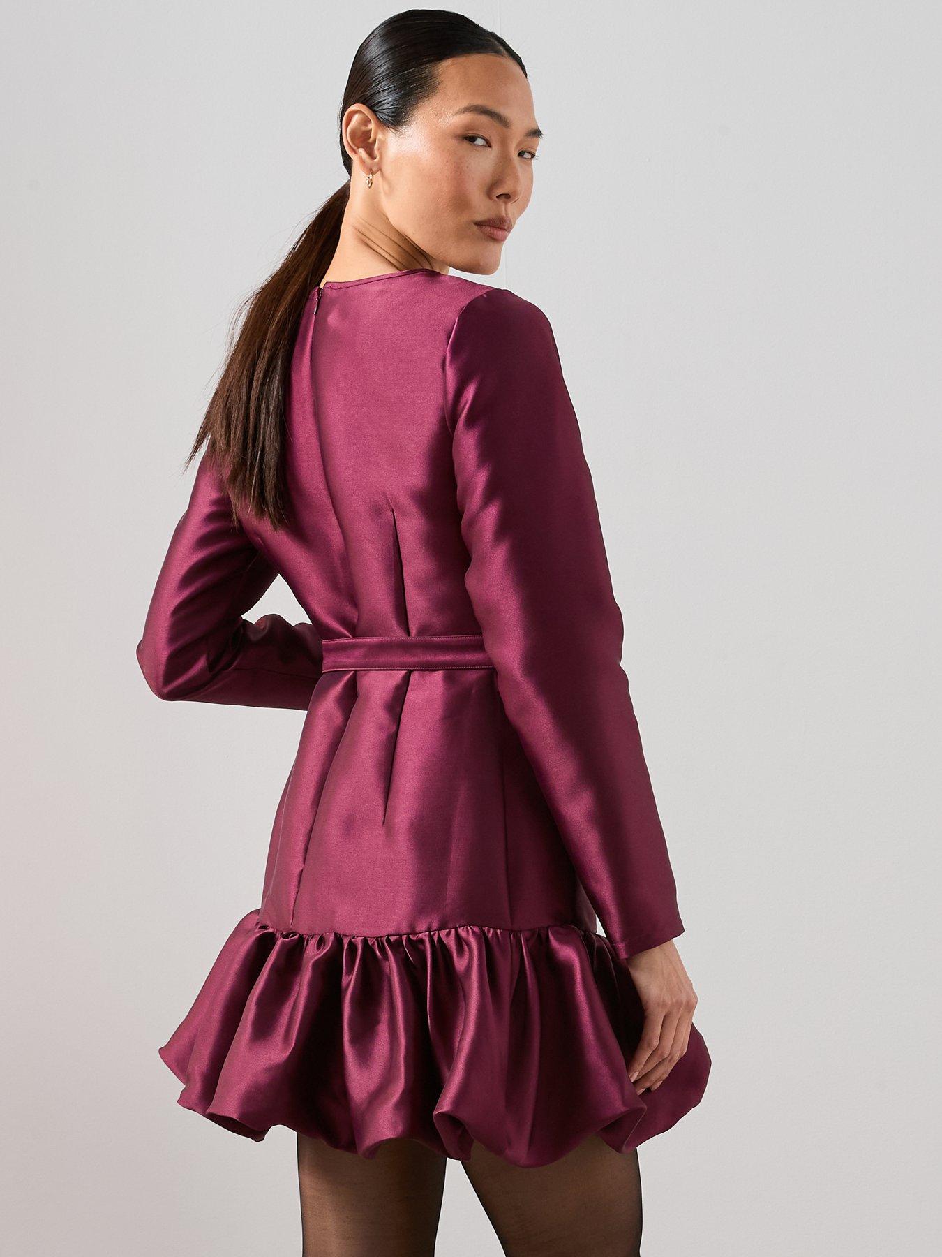  image of the-very-collection-satin-puff-ball-belted-mini-dress-plum