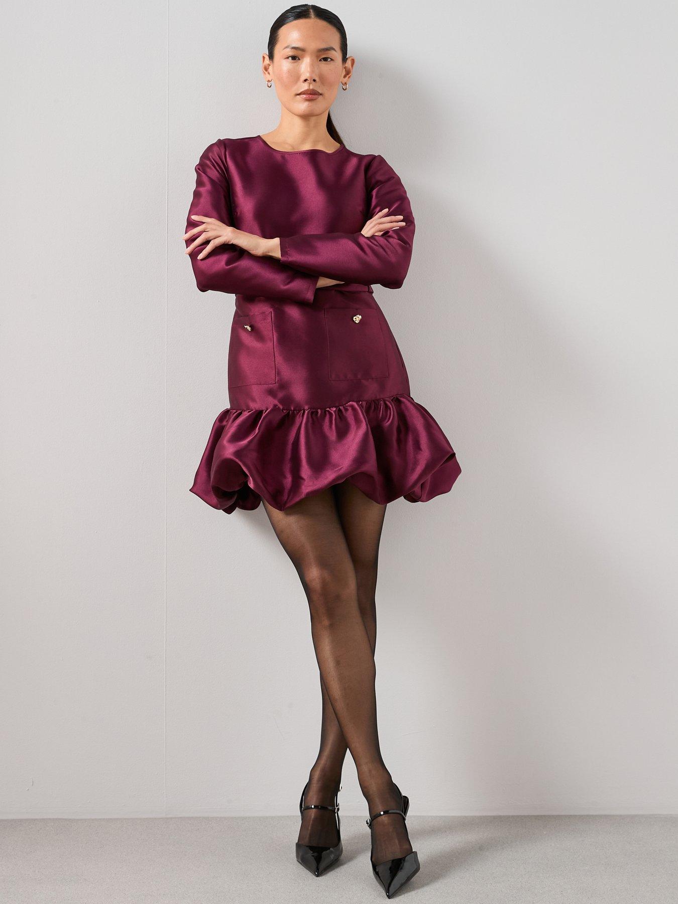  image of the-very-collection-satin-puff-ball-belted-mini-dress-plum