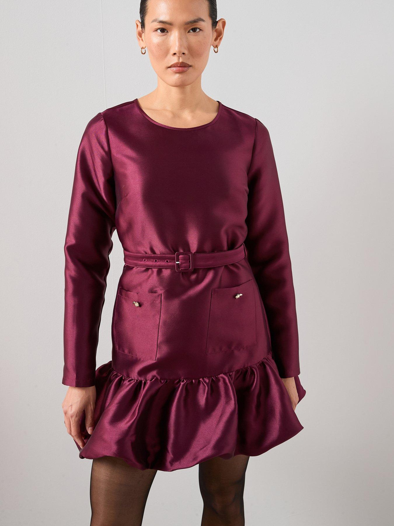 image of the-very-collection-satin-puff-ball-belted-mini-dress-plum