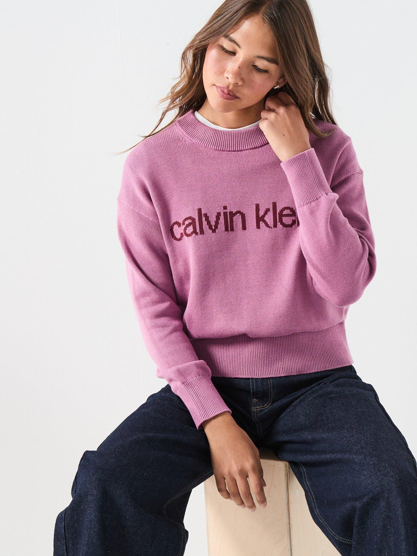 front image of calvin-klein-jeans-graphic-pullover-sweater-pink